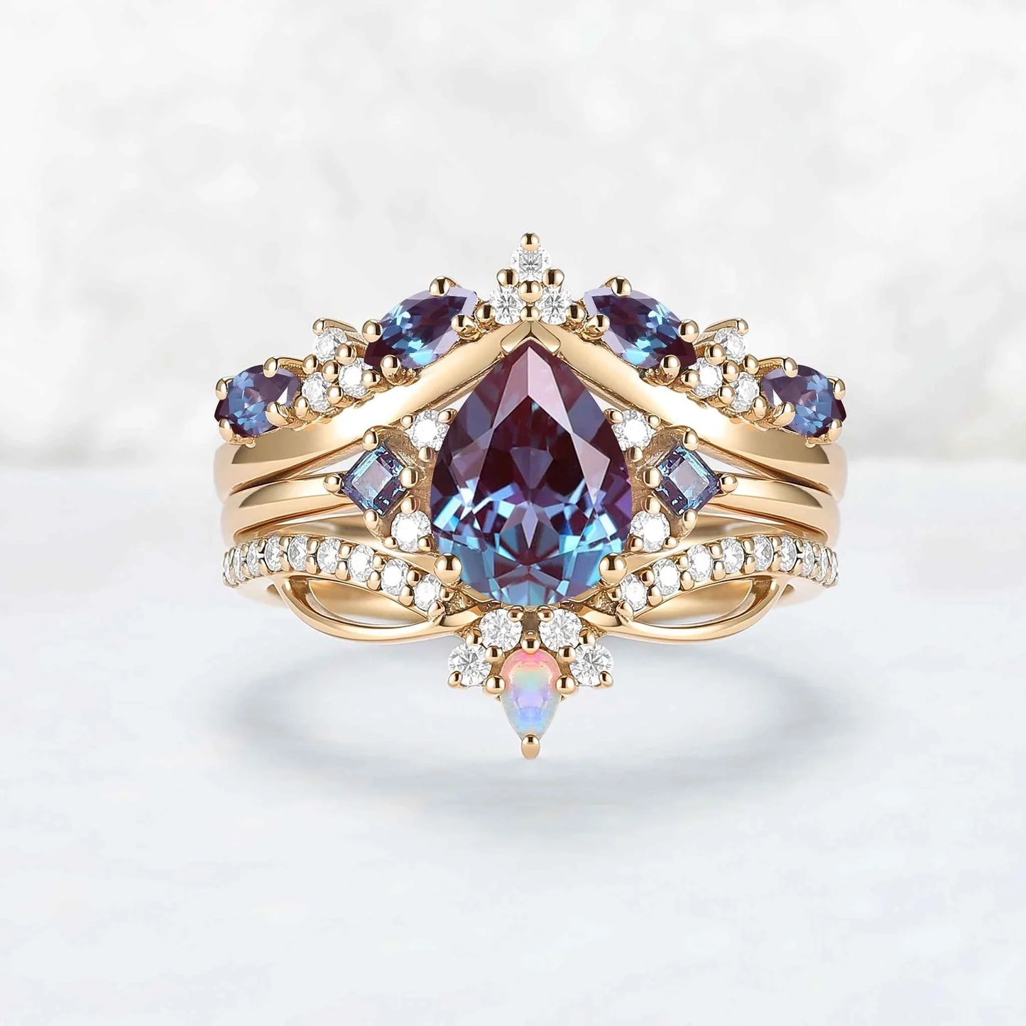 Princess Mononoke Pear Cut Alexandrite Cluster Gemstone Ring Set 3pcs