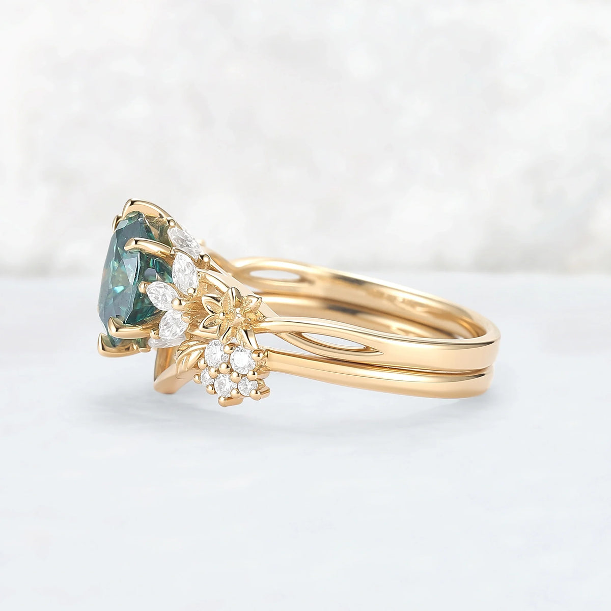 Nature Inspired Oval Cut Green Moissanite Leafy Engagement Ring Set 2pcs