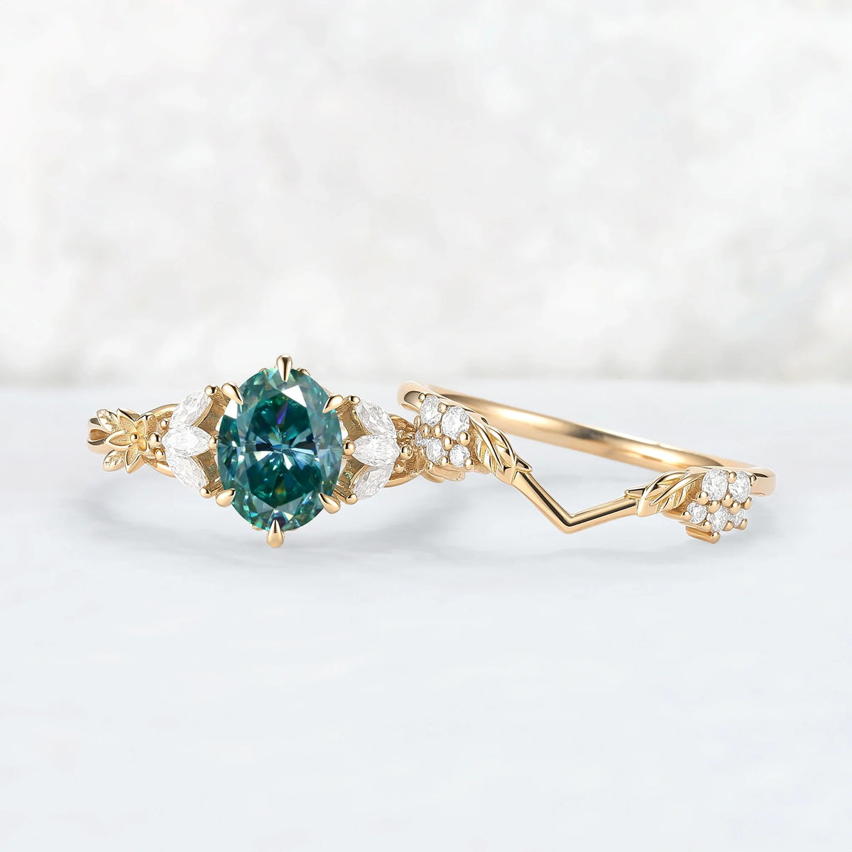 Nature Inspired Oval Cut Green Moissanite Leafy Engagement Ring Set 2pcs