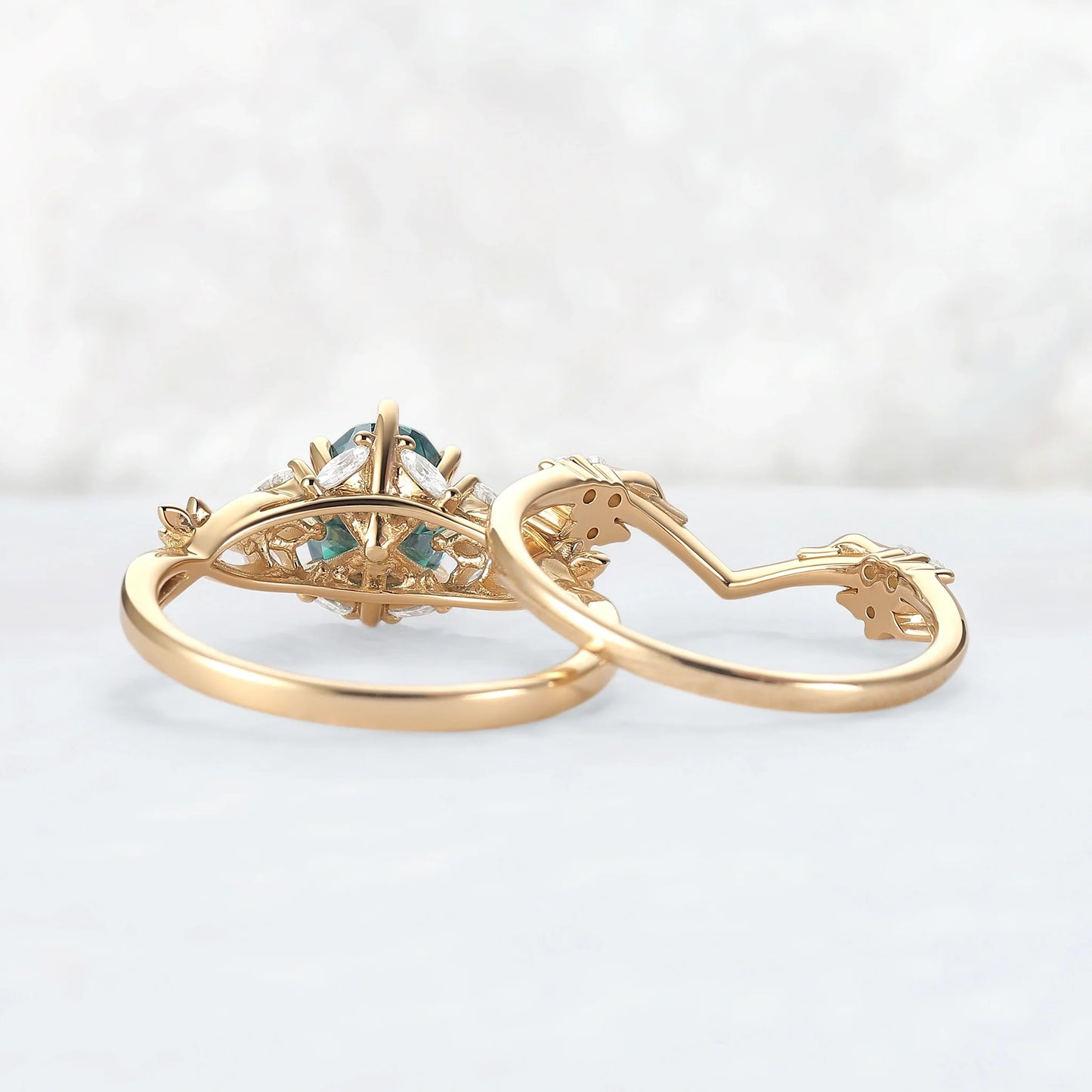 Nature Inspired Oval Cut Green Moissanite Leafy Engagement Ring Set 2pcs