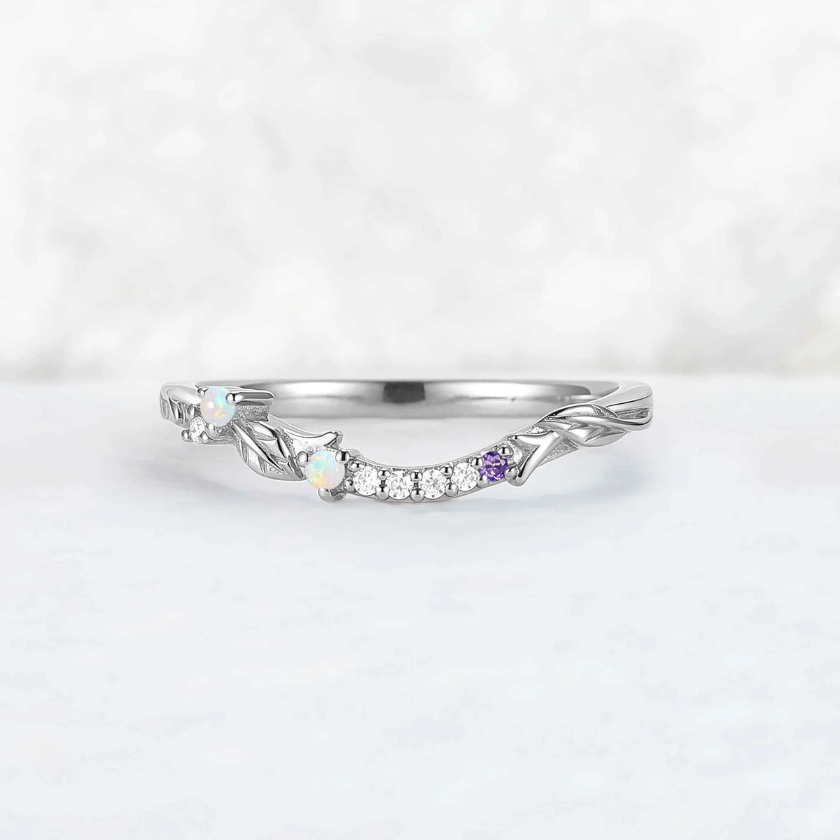 Curved Opal and Moissanite Leafy Wedding Ring