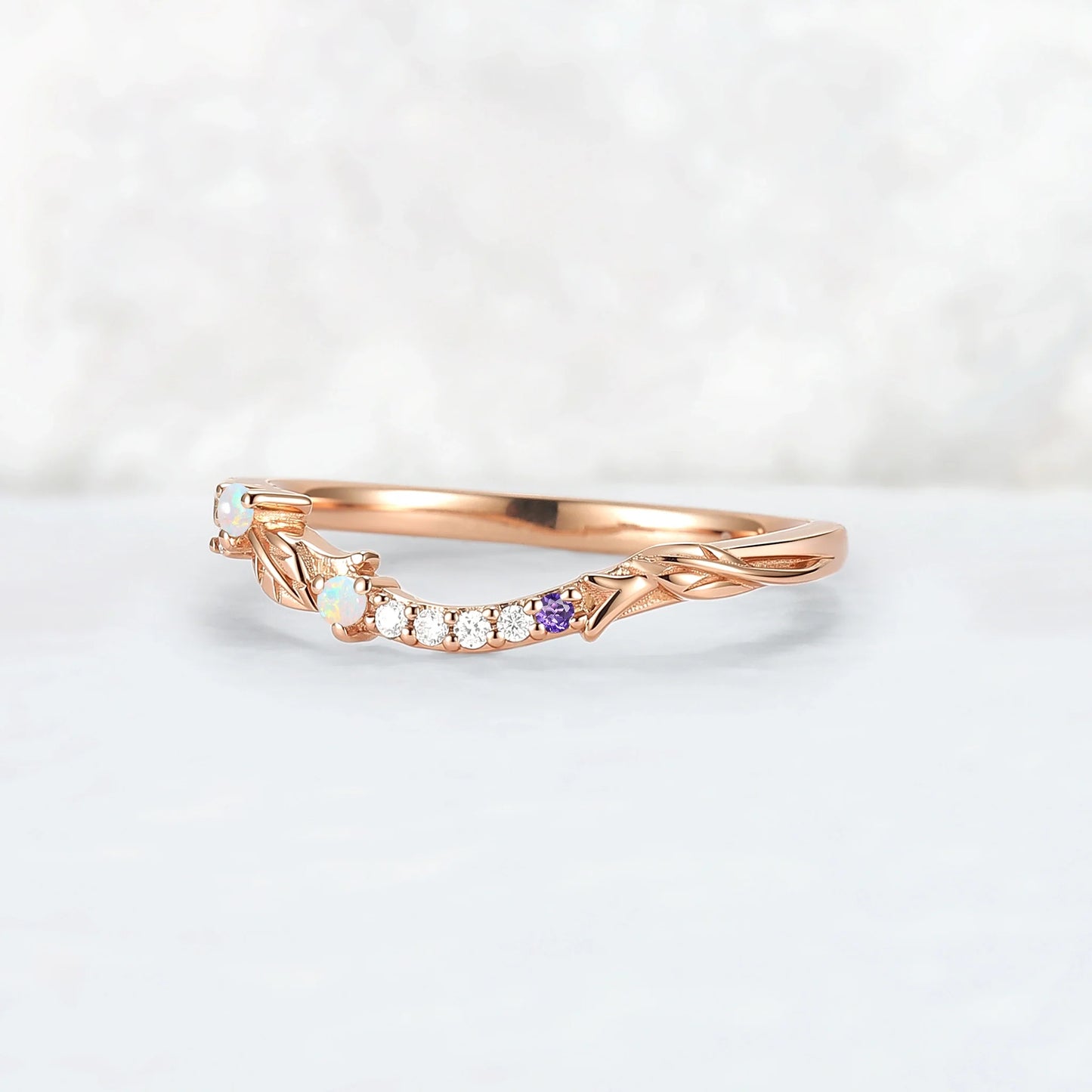 Curved Opal and Moissanite Leafy Wedding Ring