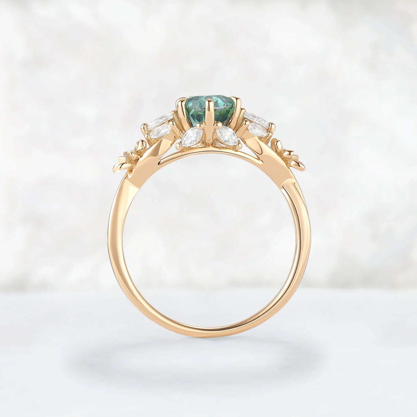 Nature Inspired Oval Cut Green Moissanite Leafy Engagement Ring Set 2pcs