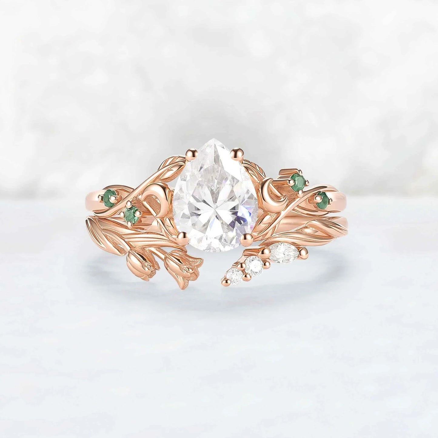 Tulip Inspired Pear Cut Moissanite with Moon Couple Ring