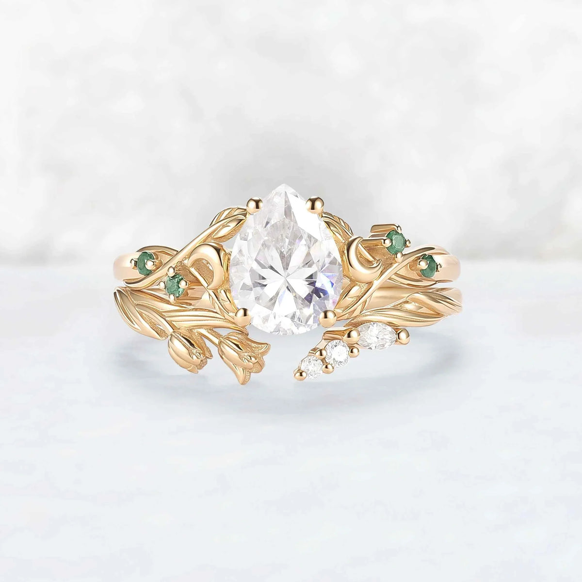 Tulip Inspired Pear Cut Moissanite with Moon Couple Ring