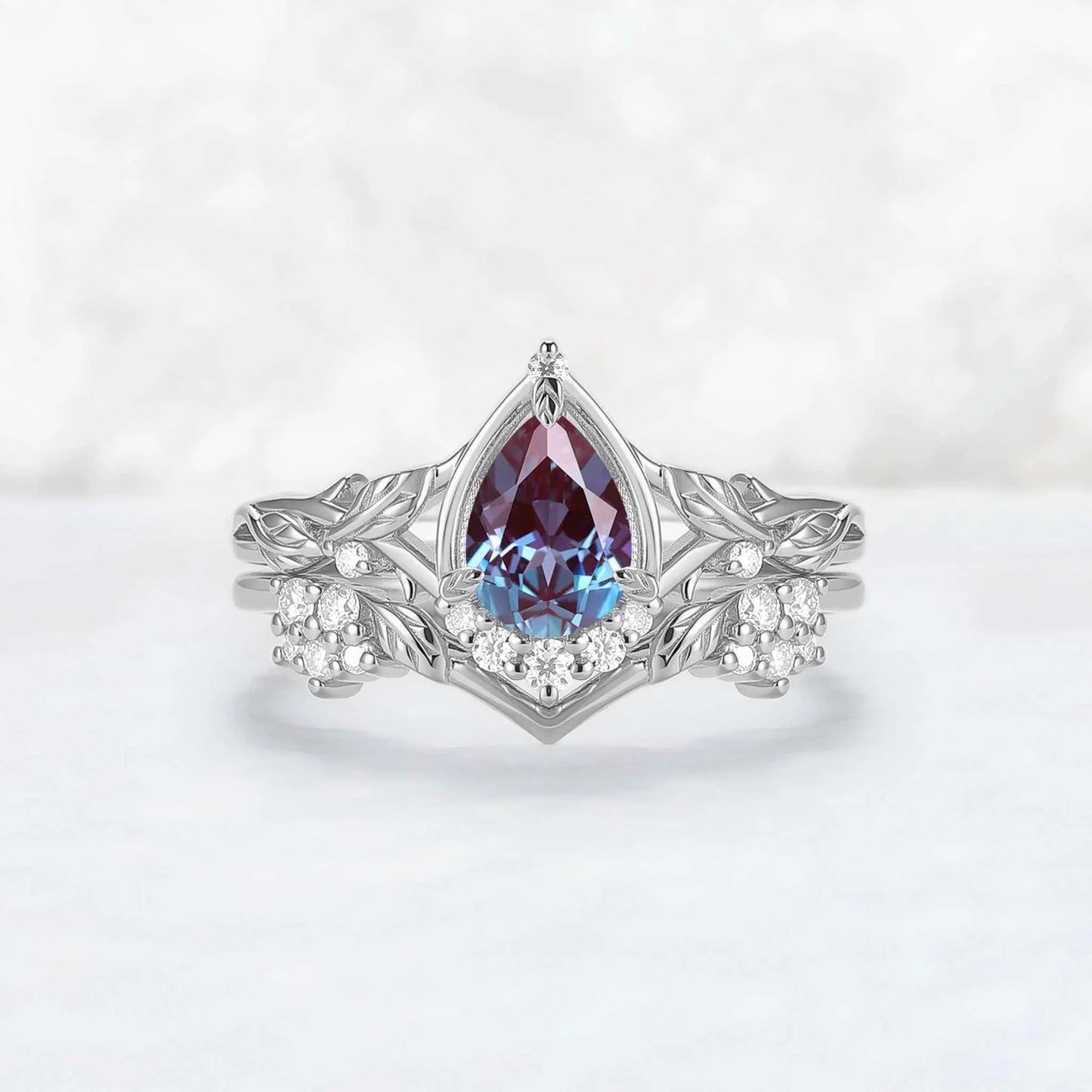 Nature Inspired Pear Cut Alexandrite Leaves Gemstone Ring Set 2pcs