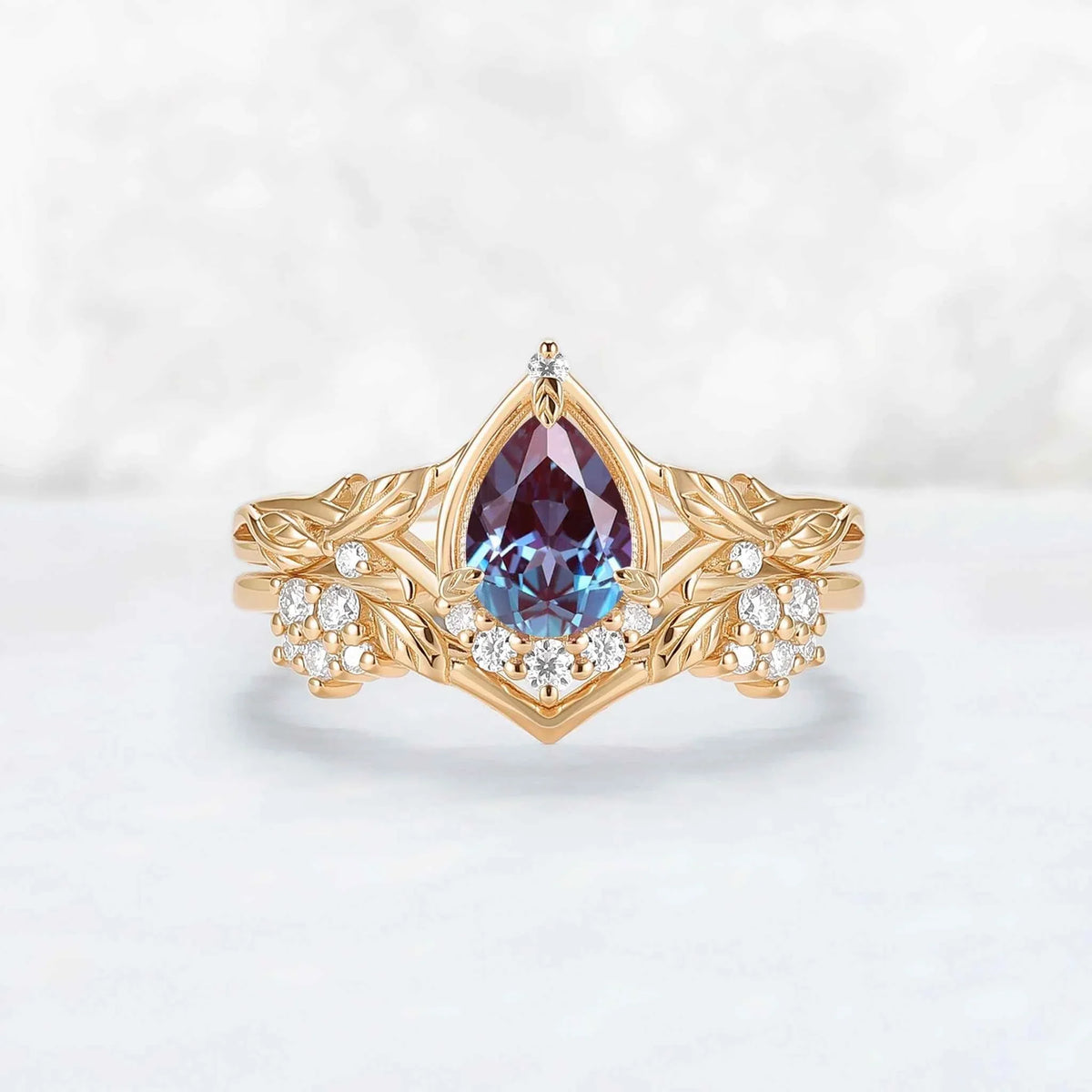 Nature Inspired Pear Cut Alexandrite Leaves Gemstone Ring Set 2pcs