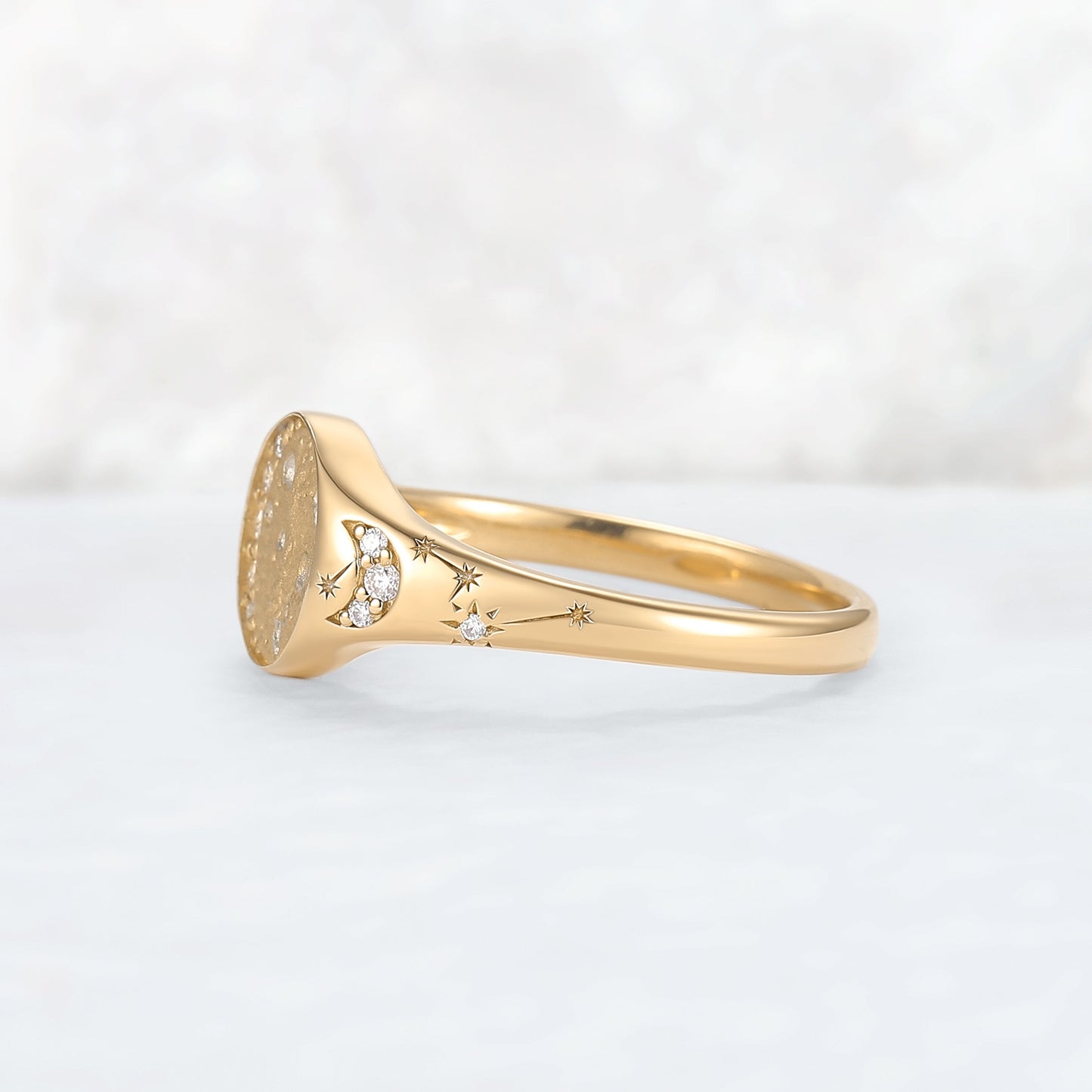 Moonlit Crater Rond Cut Moissanite Yellow Gold Signet Ring