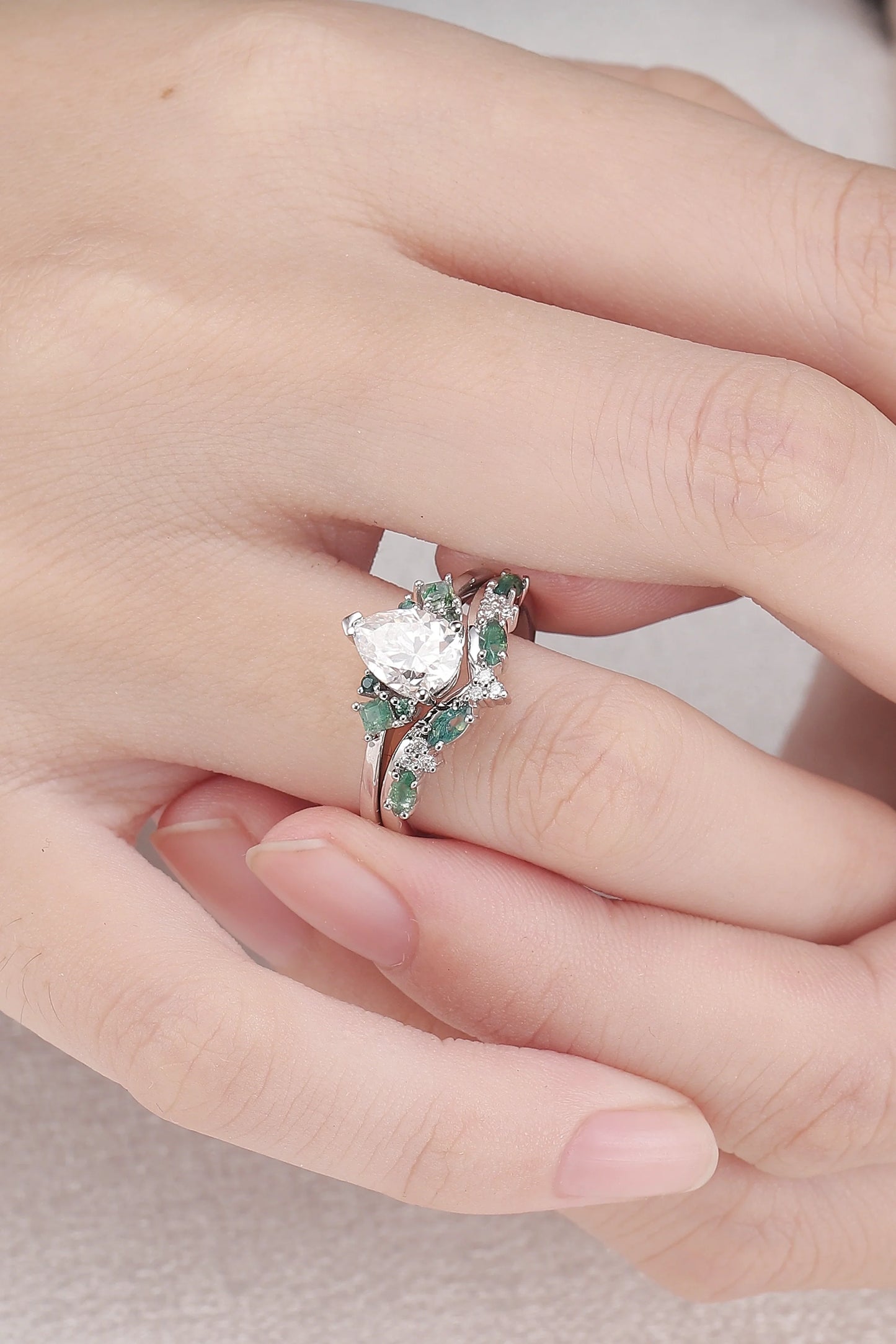 Cluster Pear Cut Moissanite Seven Stones Silver Ring Set 2pcs