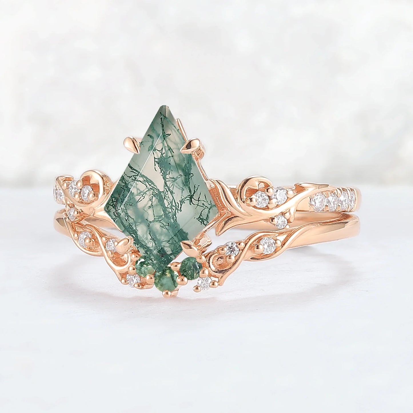 Nature Inspired Kite Cut Moss Agate Vine Gemstone Ring Set 2pcs