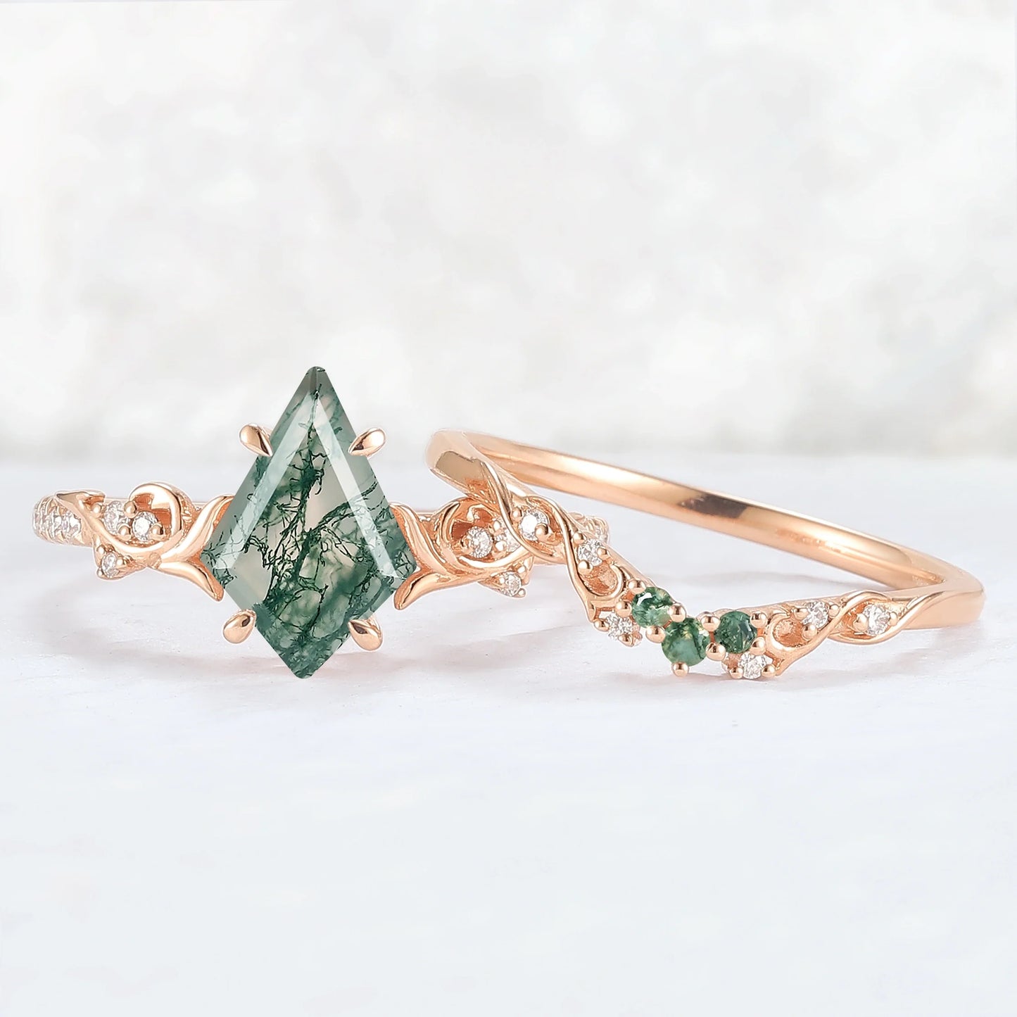 Nature Inspired Kite Cut Moss Agate Vine Gemstone Ring Set 2pcs