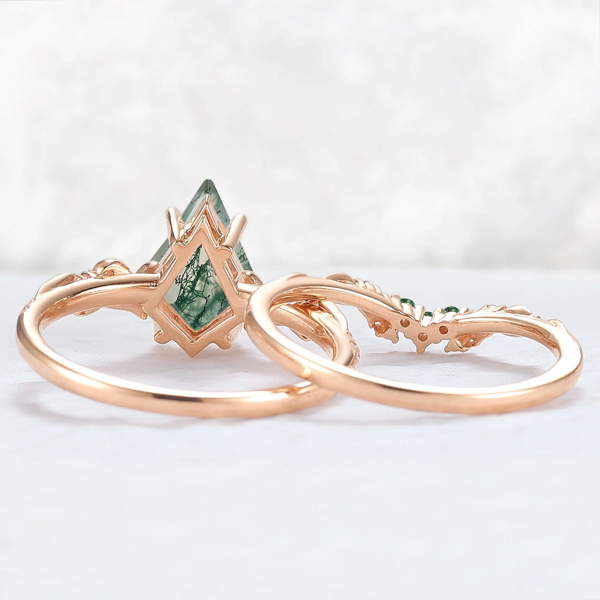 Nature Inspired Kite Cut Moss Agate Vine Gemstone Ring Set 2pcs