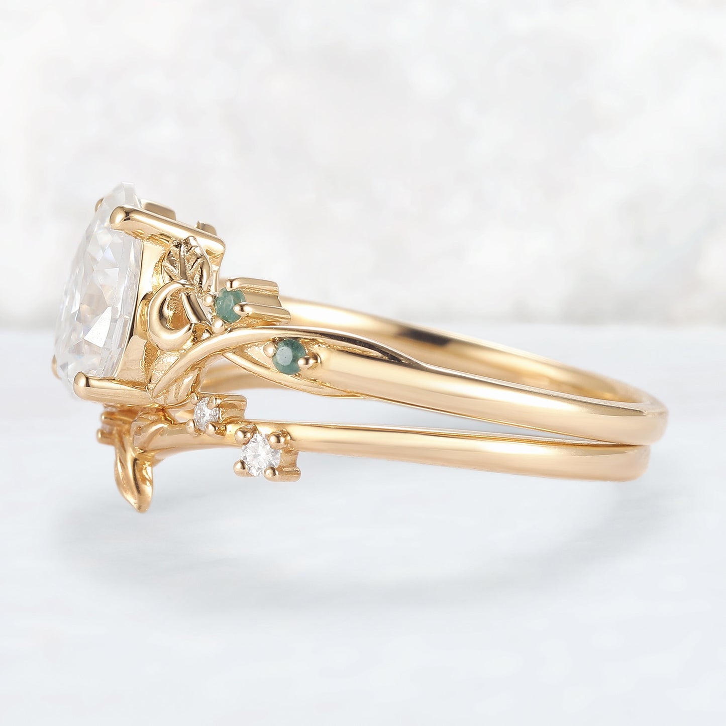 Nature Inspired Pear Cut Moissanite Moon Gemstone Ring Set 2pcs