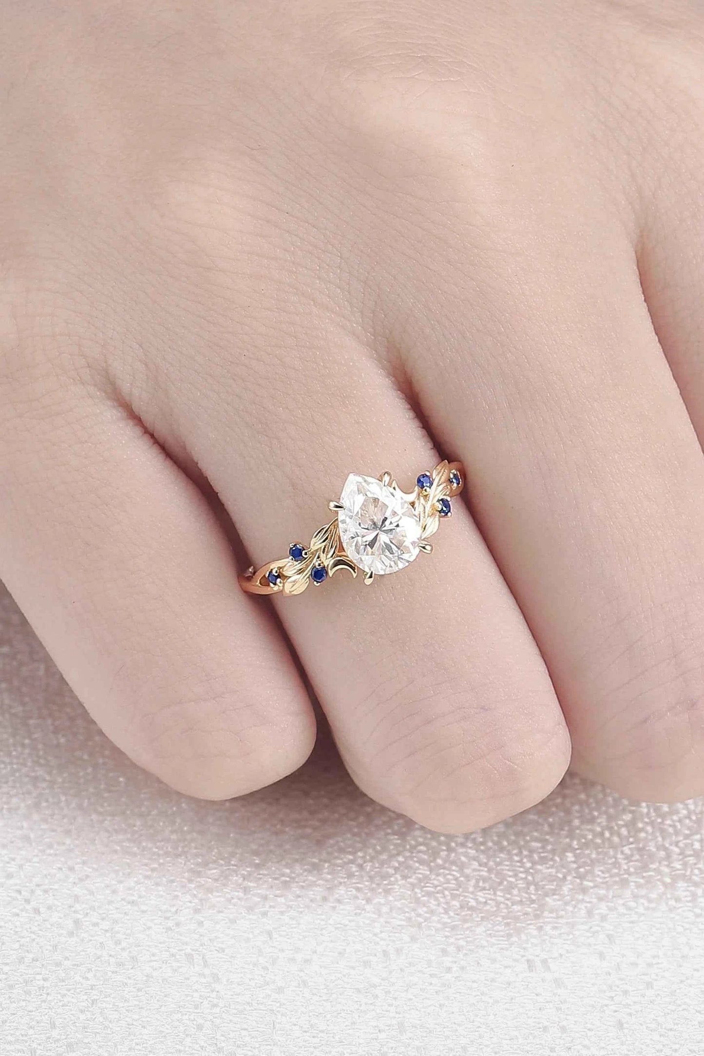 Unique Pear Cut Moissanite Moon Style Gemstone Ring