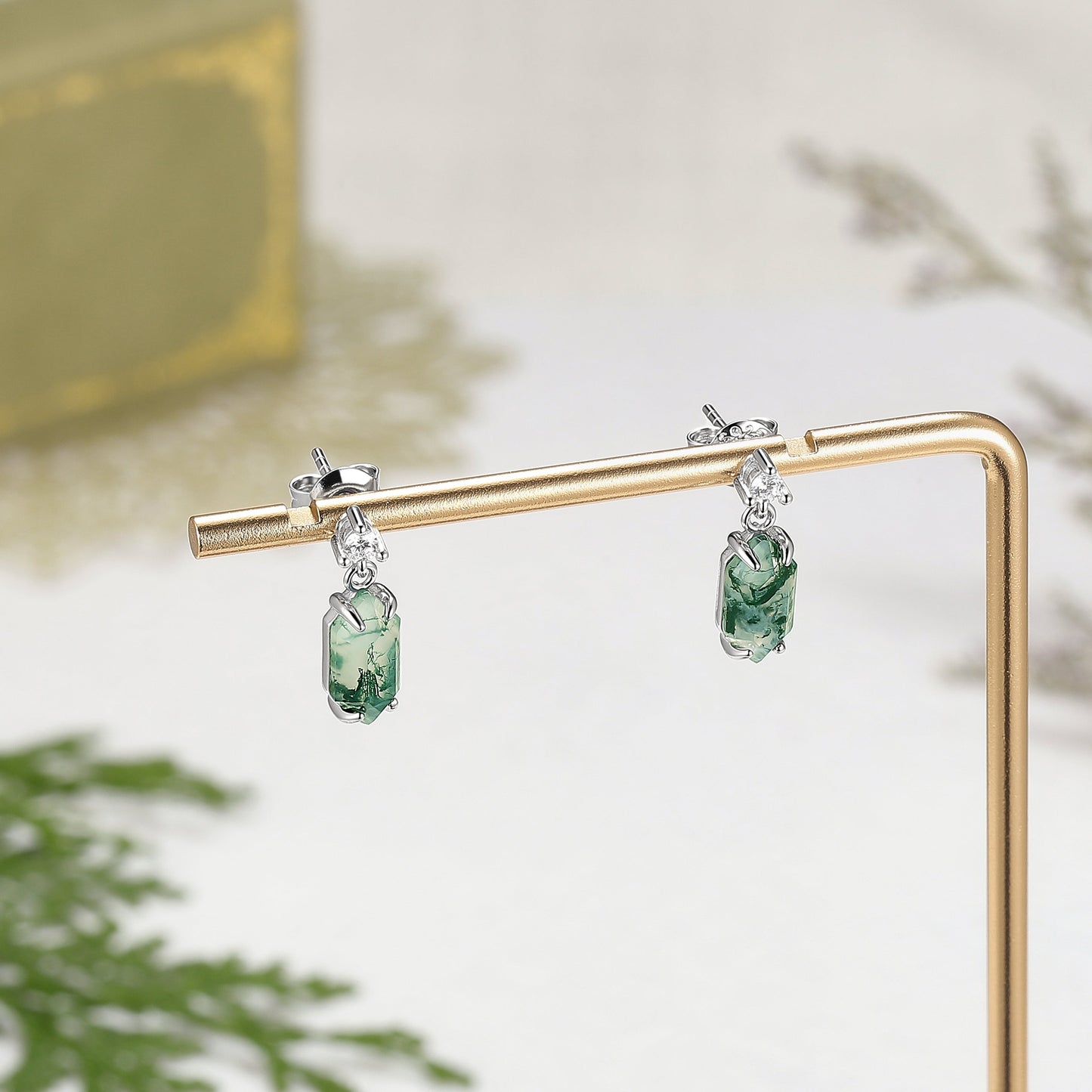 Hexagon Cut Moss Agate Earrings Anniversary Gift for Her