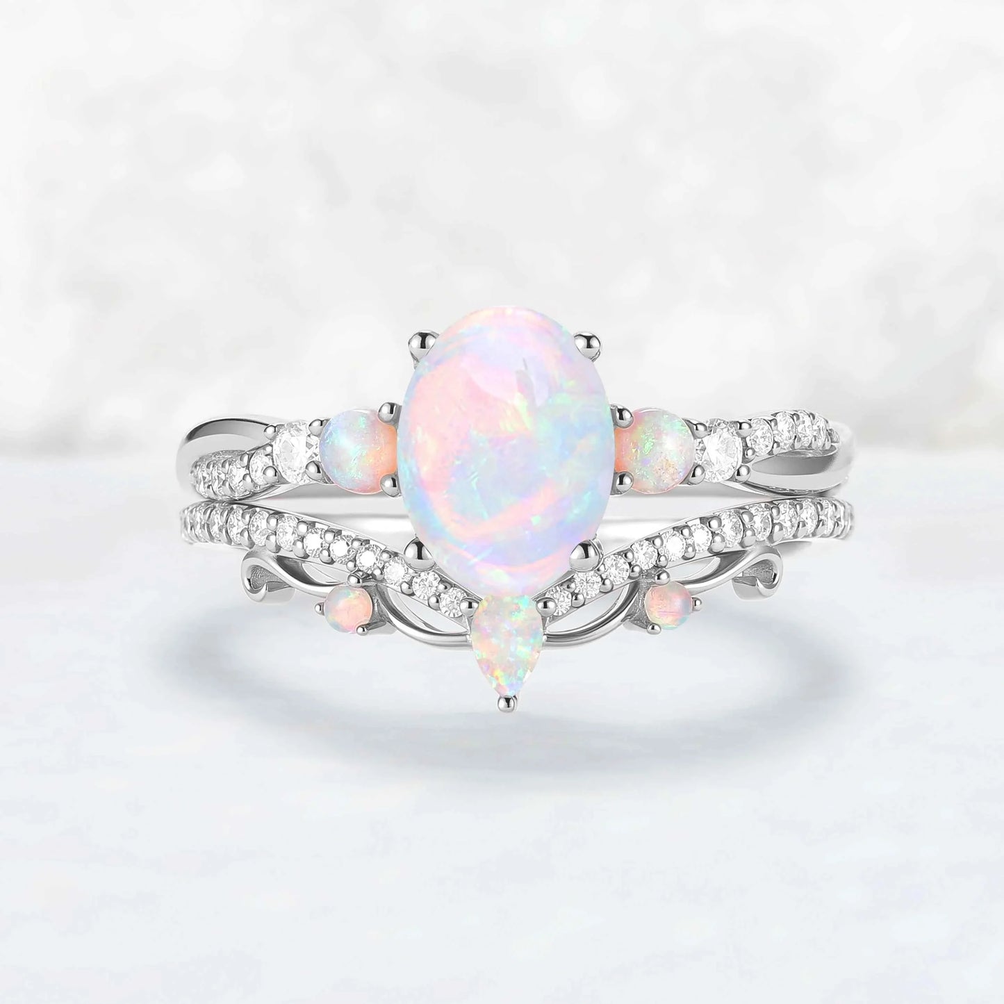 Unique Oval Cut Natural Opal Engagement Ring Set 2pcs