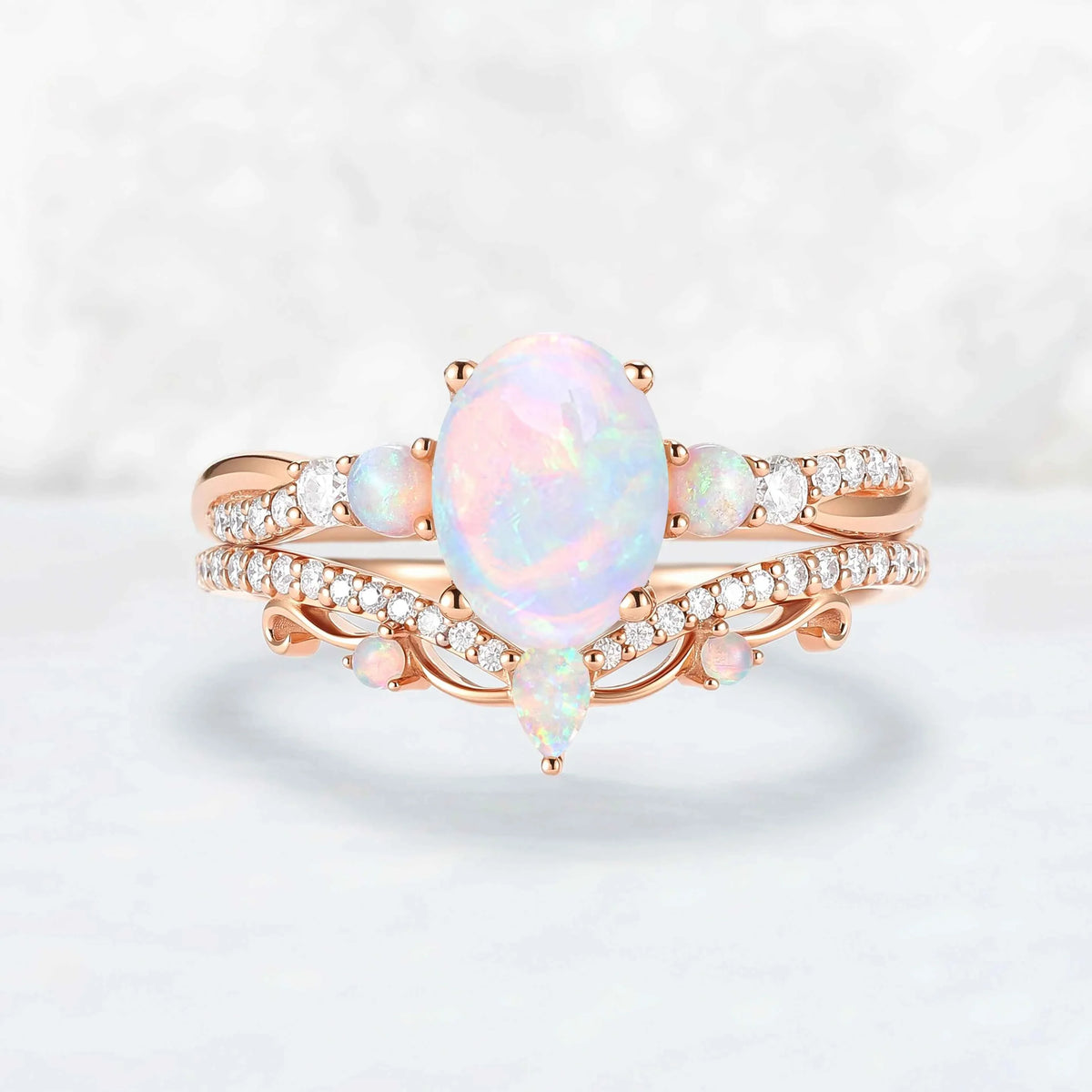 Unique Oval Cut Natural Opal Engagement Ring Set 2pcs