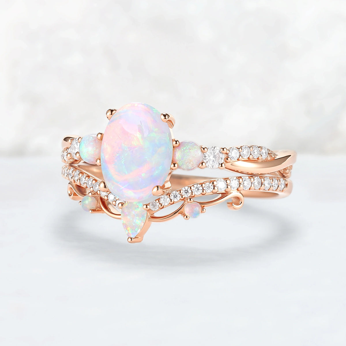 Unique Oval Cut Natural Opal Engagement Ring Set 2pcs