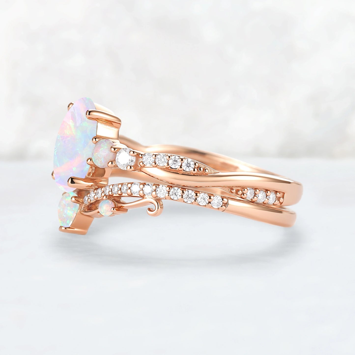Unique Oval Cut Natural Opal Engagement Ring Set 2pcs