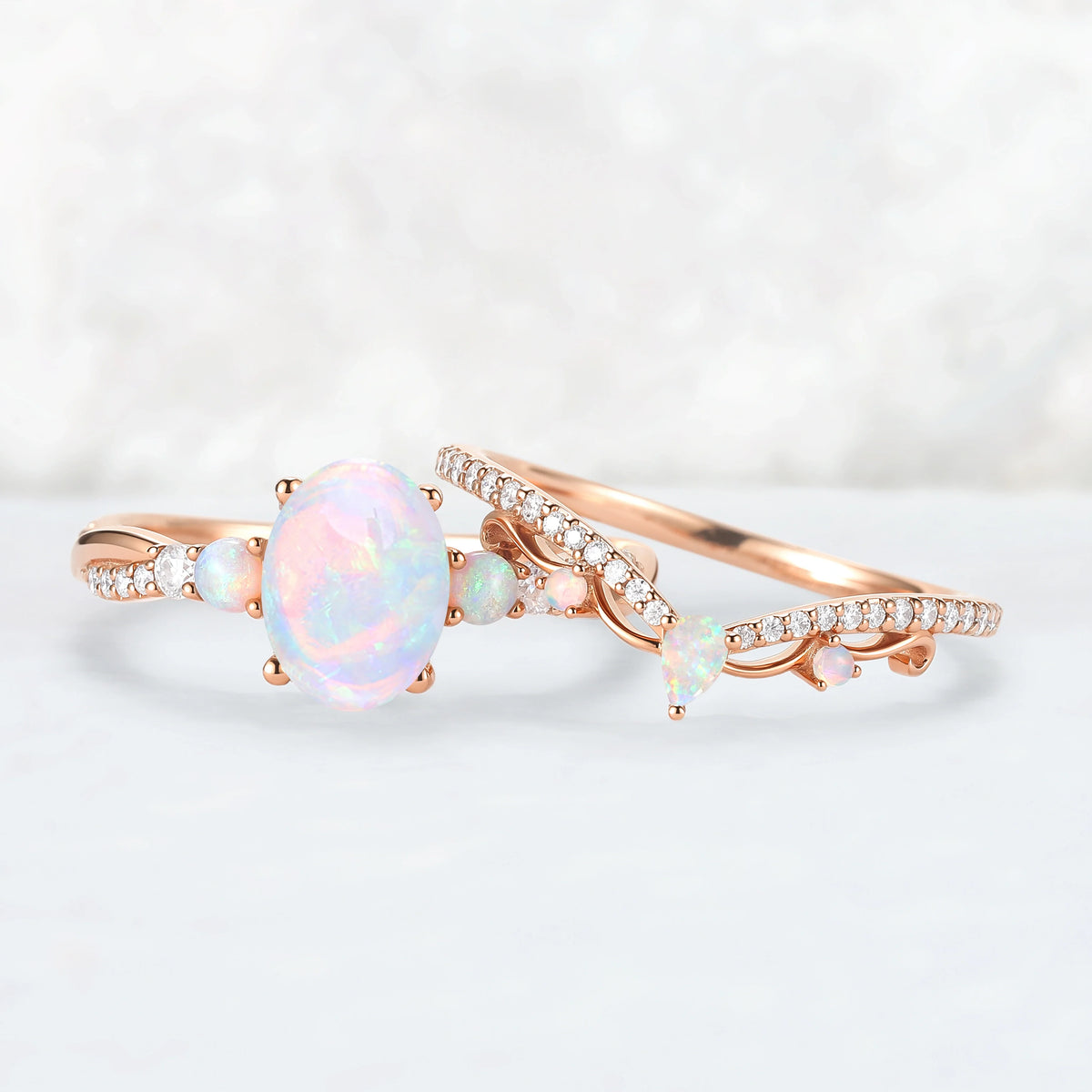 Unique Oval Cut Natural Opal Engagement Ring Set 2pcs