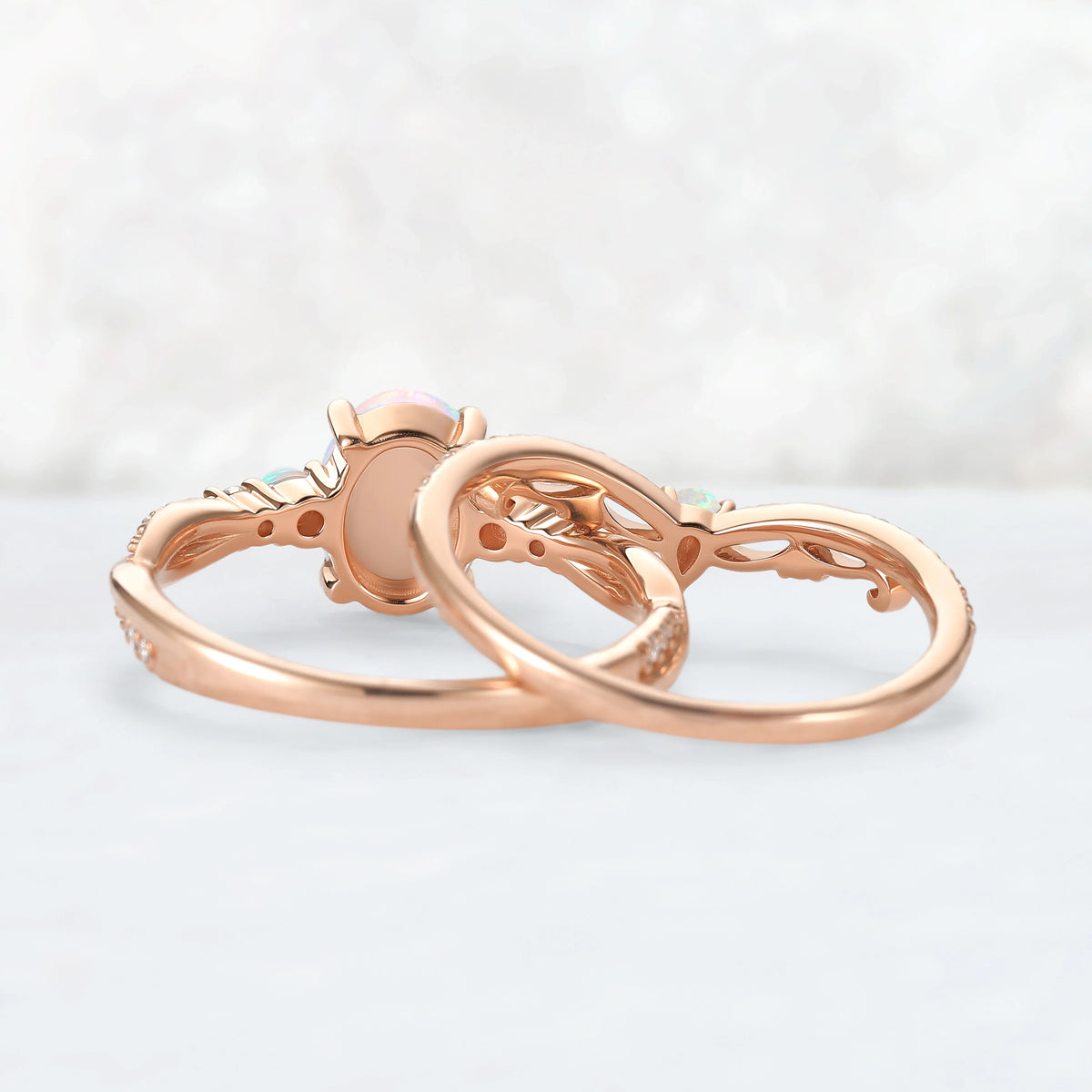 Unique Oval Cut Natural Opal Engagement Ring Set 2pcs