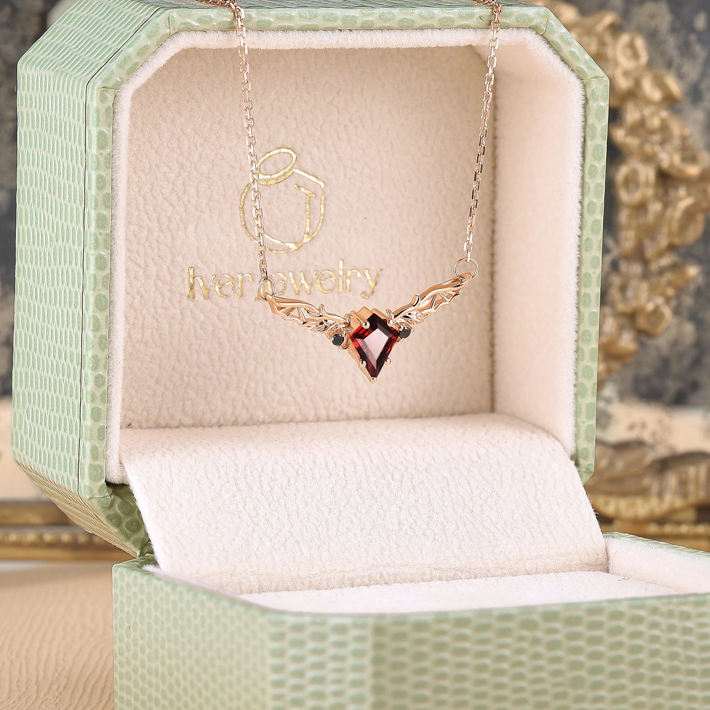 Kite Shaped Garnet Rose Gold Necklace Halloween Jewelry