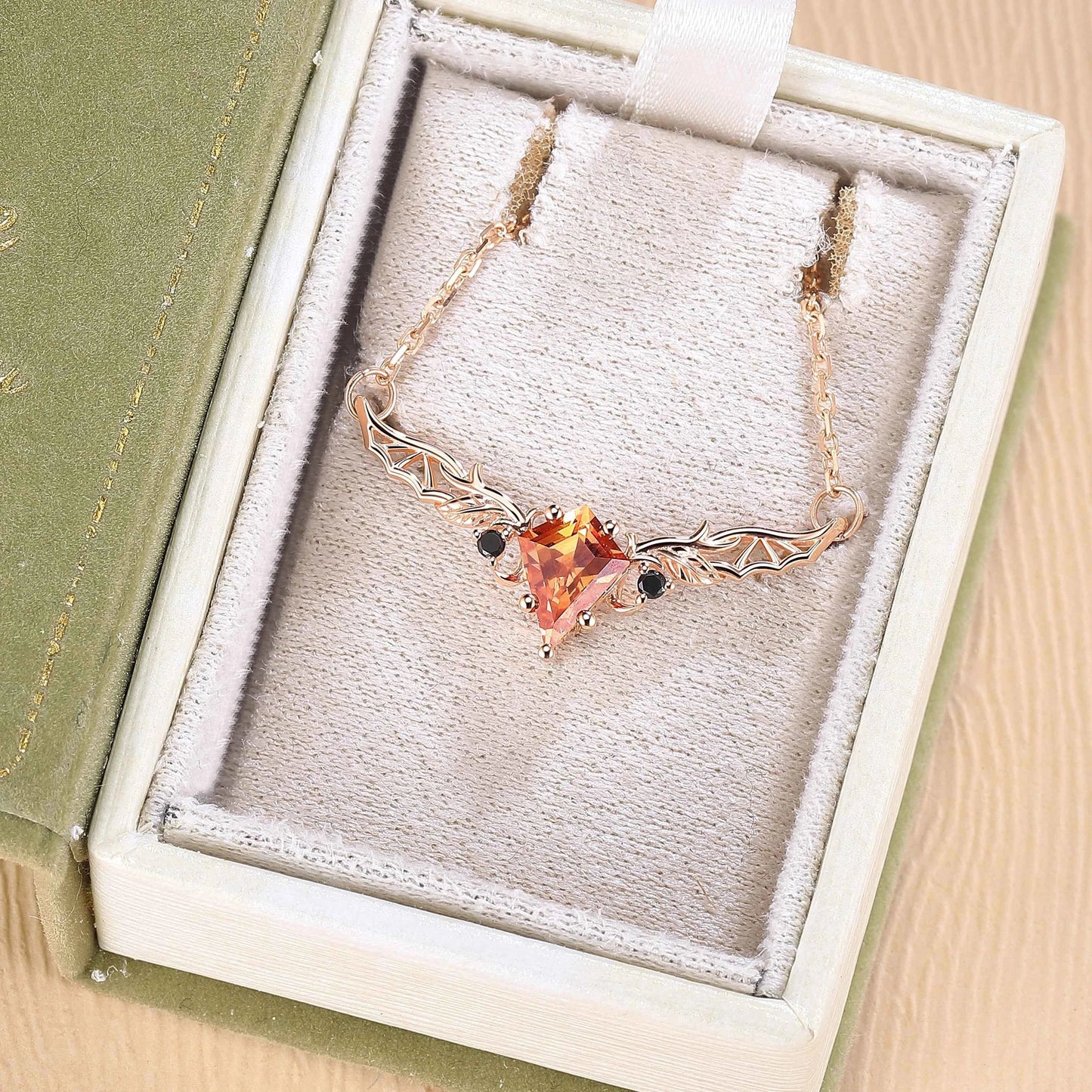Kite Shaped Lab Orange Sapphire Rose Gold Necklace Halloween Jewelry