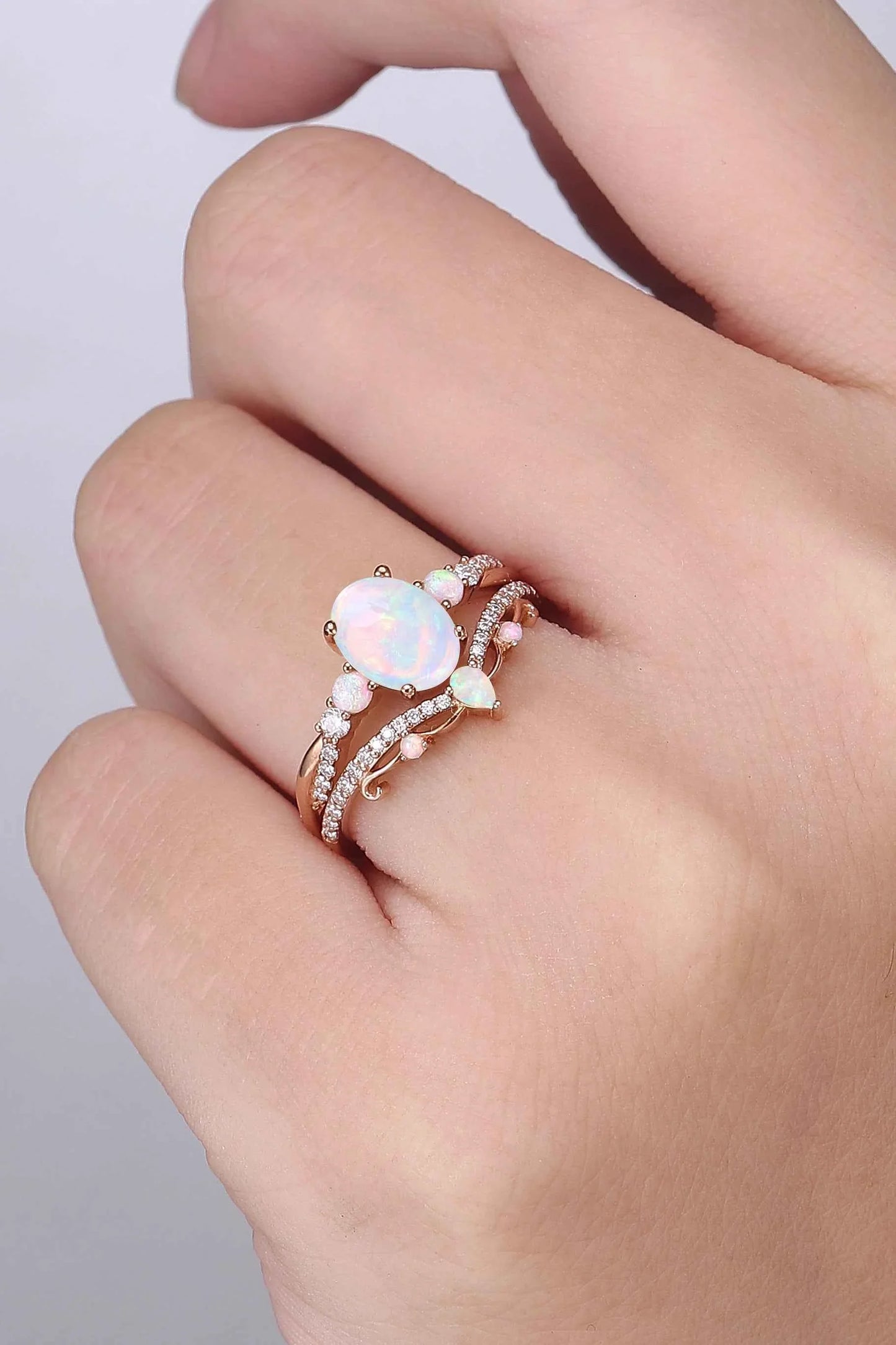 Unique Oval Cut Natural Opal Engagement Ring Set 2pcs