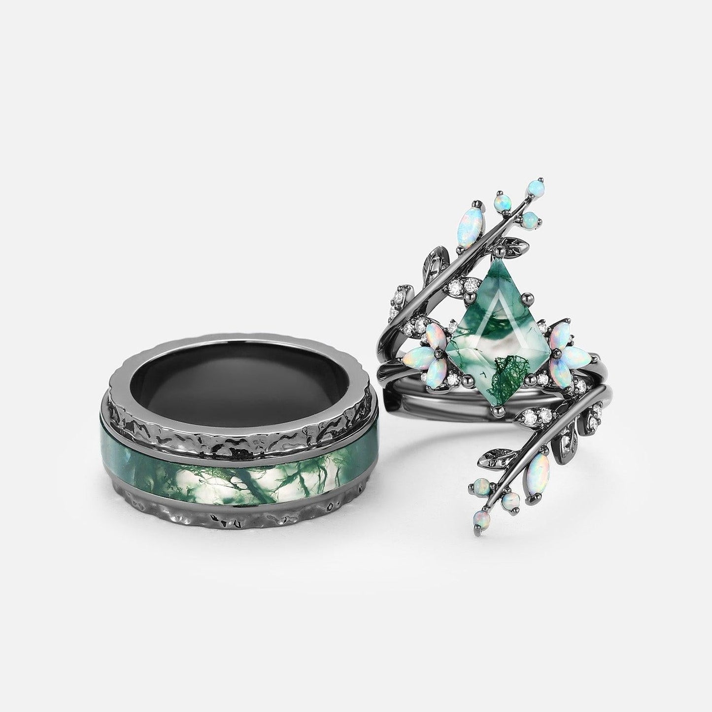 Knight’s Citadel | Kite Cut Moss Agate & Opal Couple Ring Set 3pcs