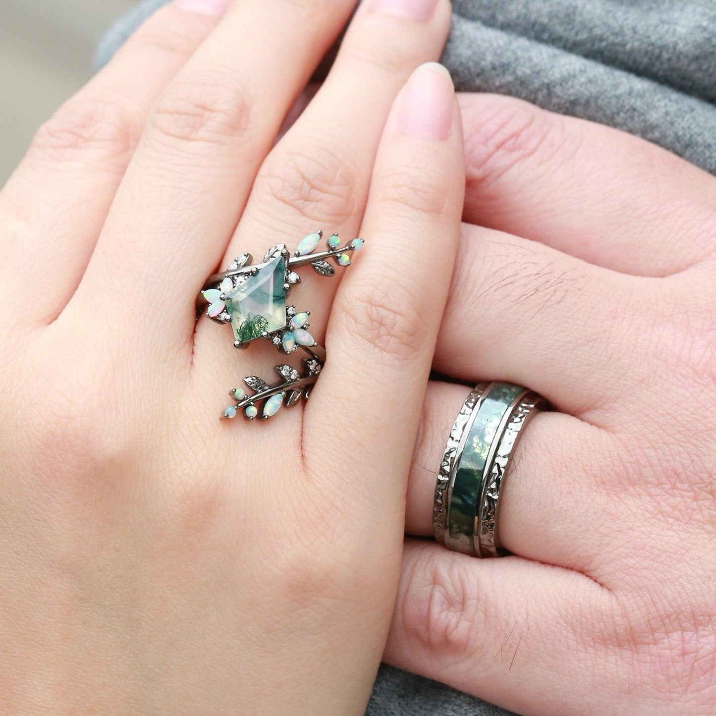 Knight’s Citadel | Kite Cut Moss Agate & Opal Couple Ring Set 3pcs