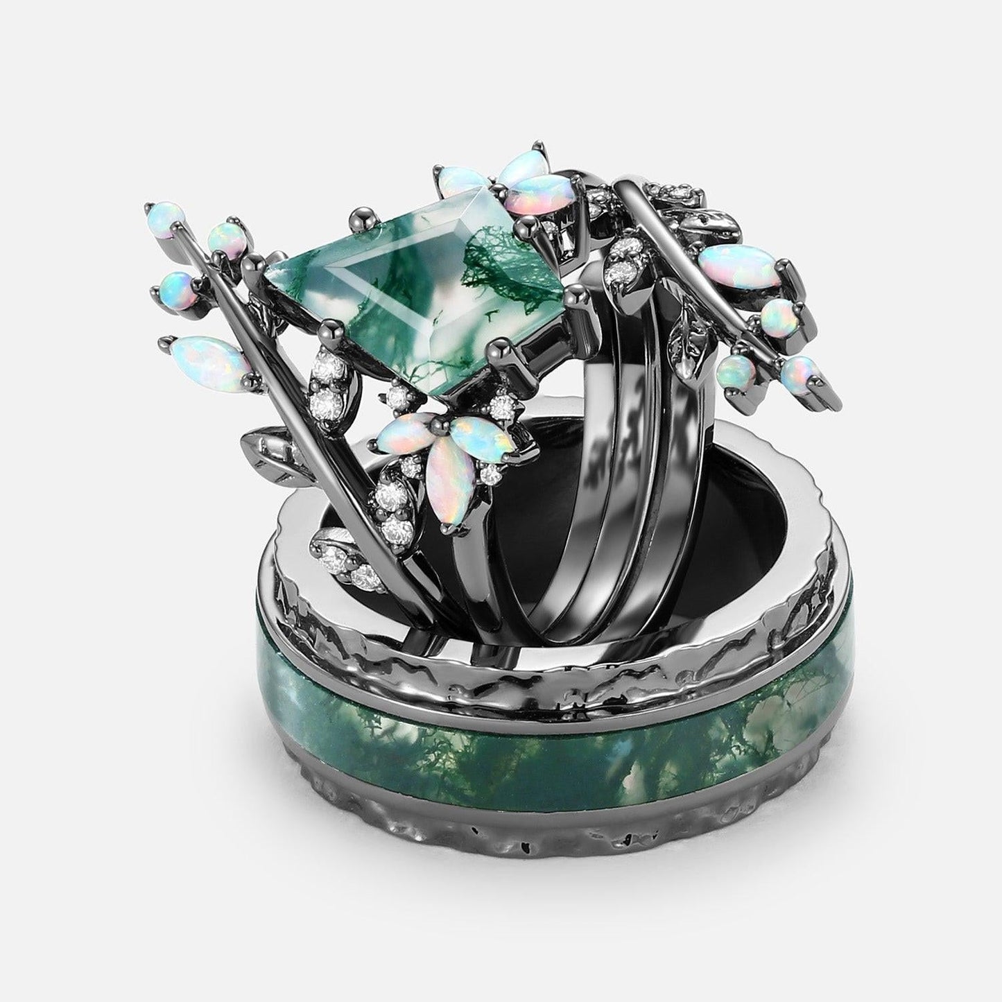 Knight’s Citadel | Kite Cut Moss Agate & Opal Couple Ring Set 3pcs