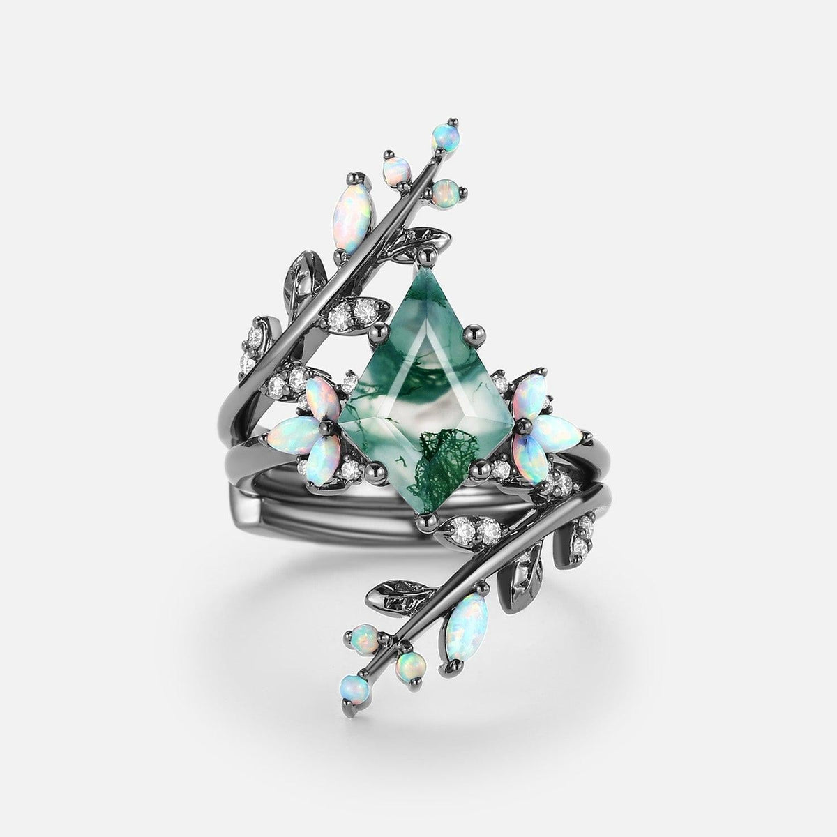 Nyx’s Enclosure | Black Gold Kite Cut Moss Agate & Opal Cage Leafy Engagement Ring Set 2pcs