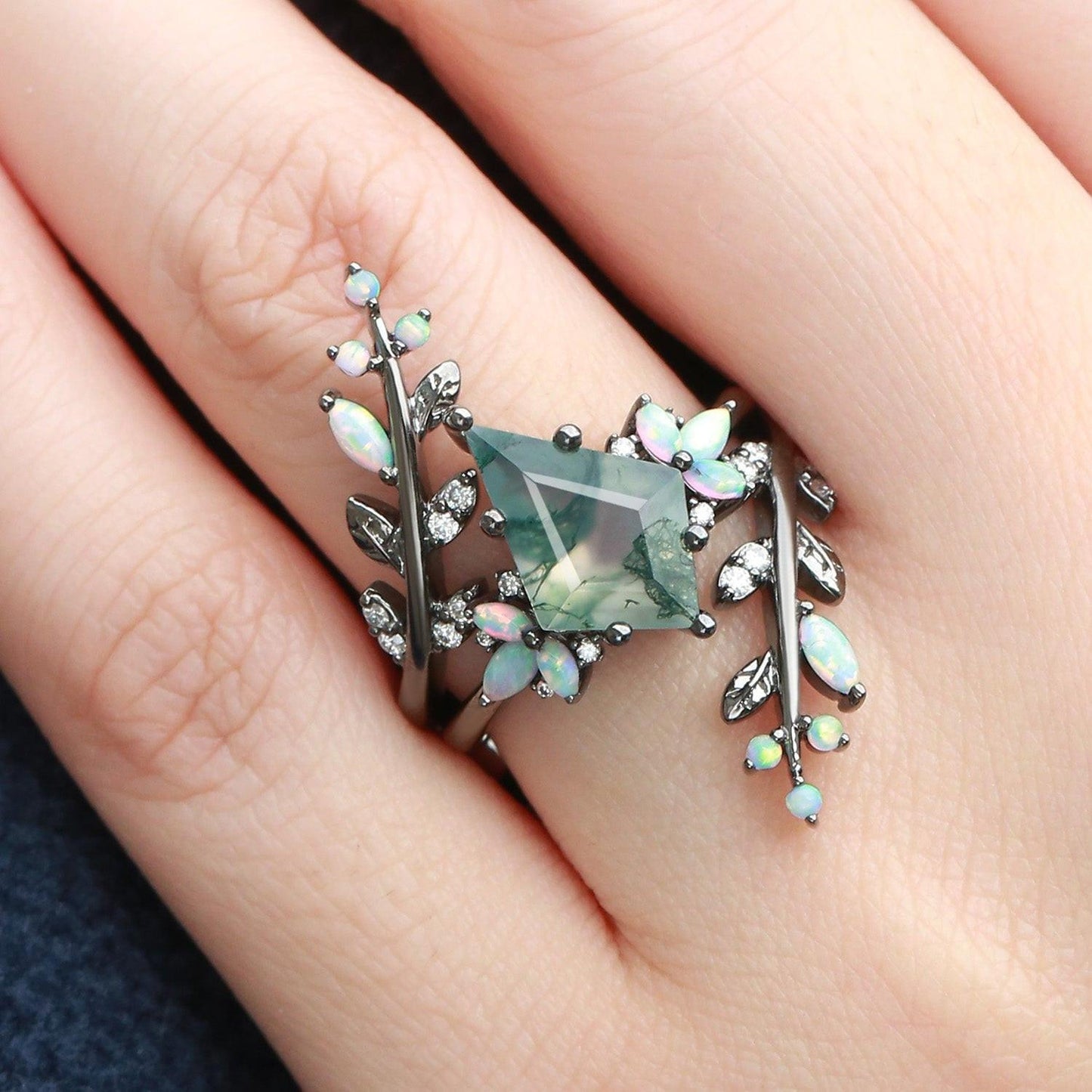 Nyx’s Enclosure | Black Gold Kite Cut Moss Agate & Opal Cage Leafy Engagement Ring Set 2pcs