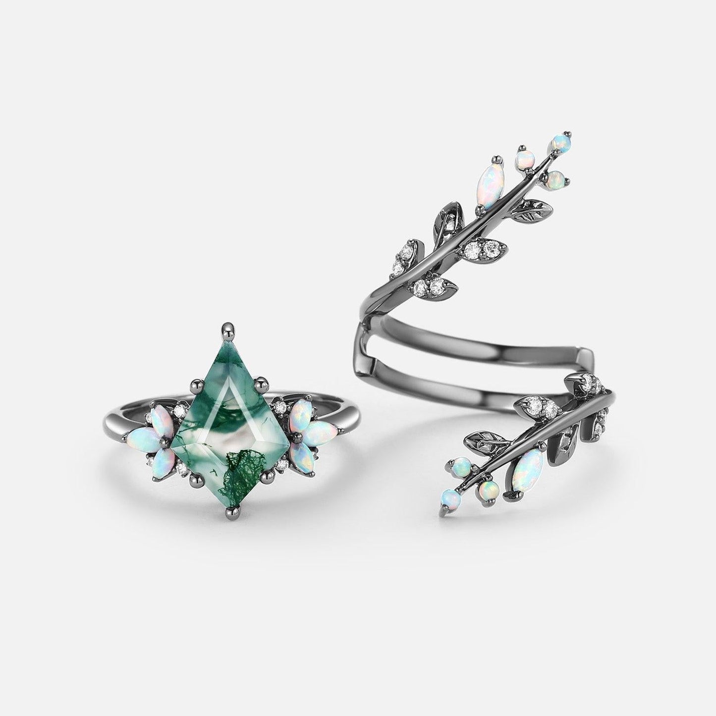 Nyx’s Enclosure | Black Gold Kite Cut Moss Agate & Opal Cage Leafy Engagement Ring Set 2pcs