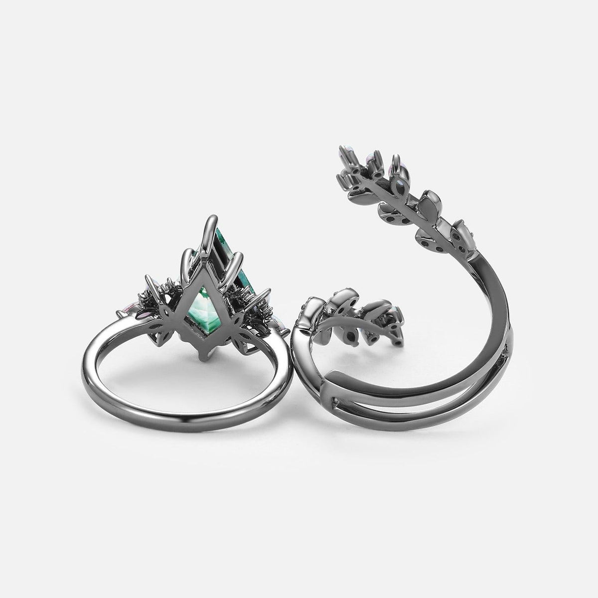 Nyx’s Enclosure | Black Gold Kite Cut Moss Agate & Opal Cage Leafy Engagement Ring Set 2pcs