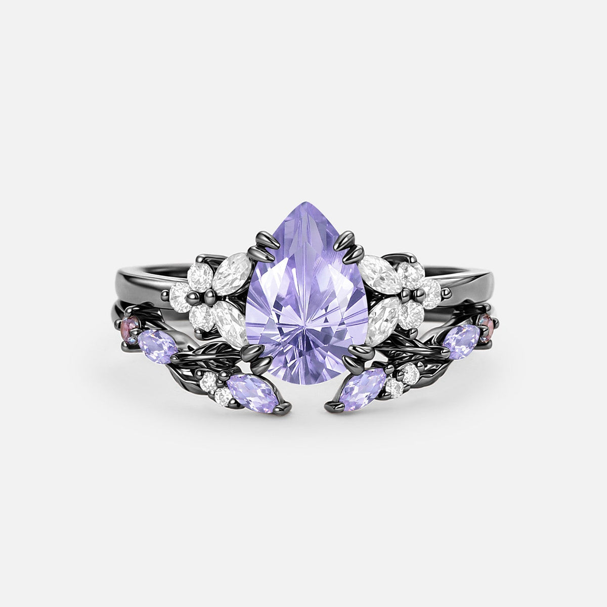 Firework Pear Cut Lab Lavender Sapphire Engagement Ring Set - Solveig