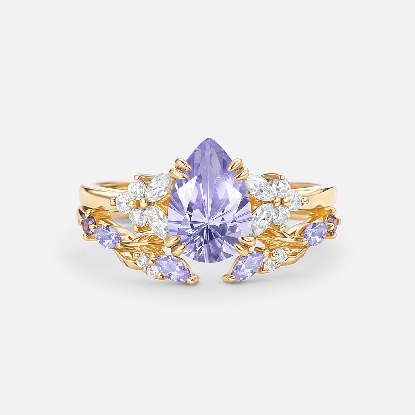 Firework Pear Cut Lab Lavender Sapphire Engagement Ring Set - Solveig