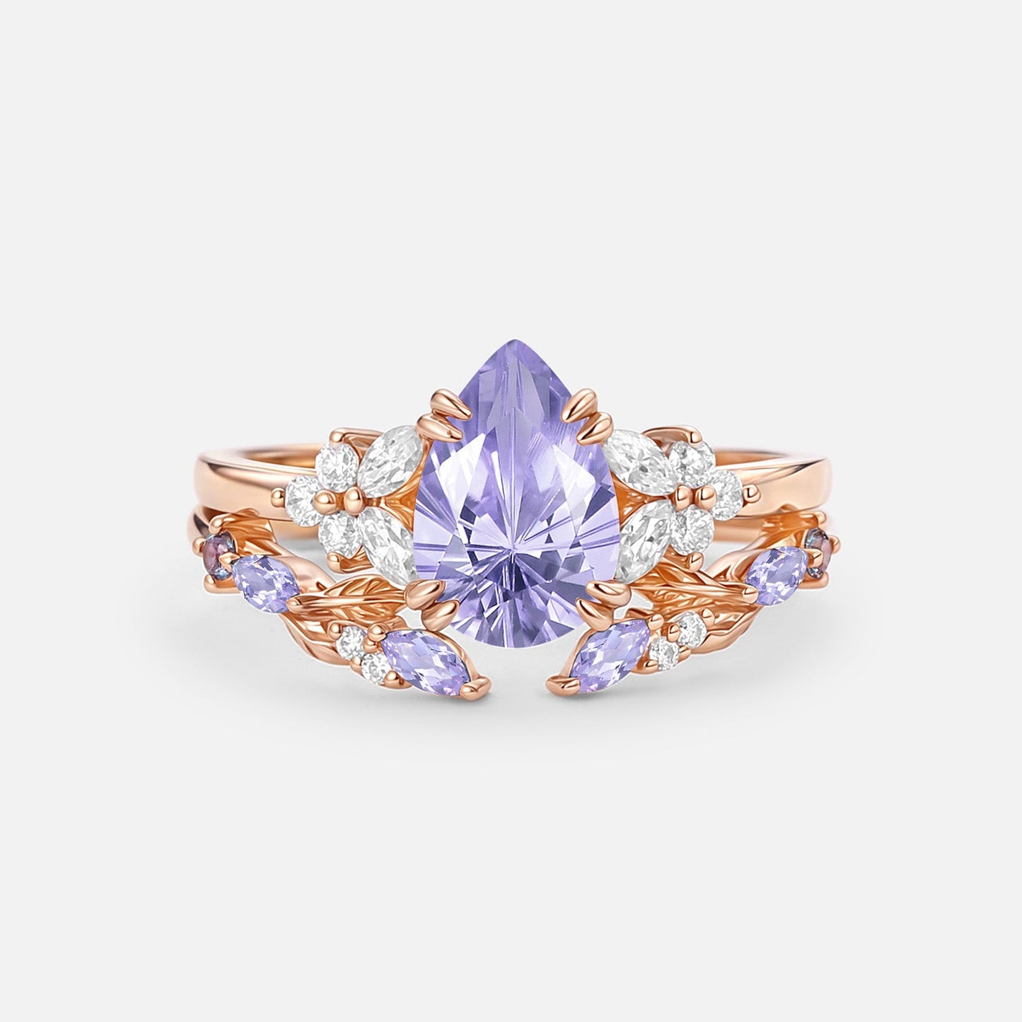 Firework Pear Cut Lab Lavender Sapphire Engagement Ring Set - Solveig
