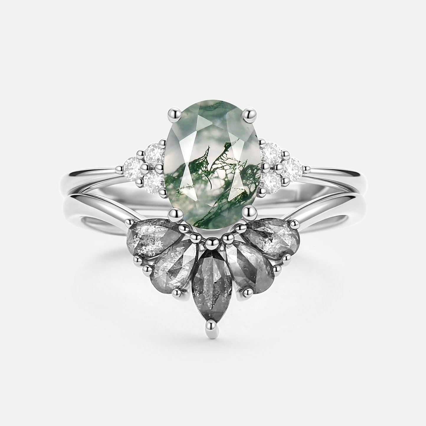 Thalia’s Harmony | Oval Cut Moss Agate & Salt and Pepper Diamond Bridal Set 2pcs