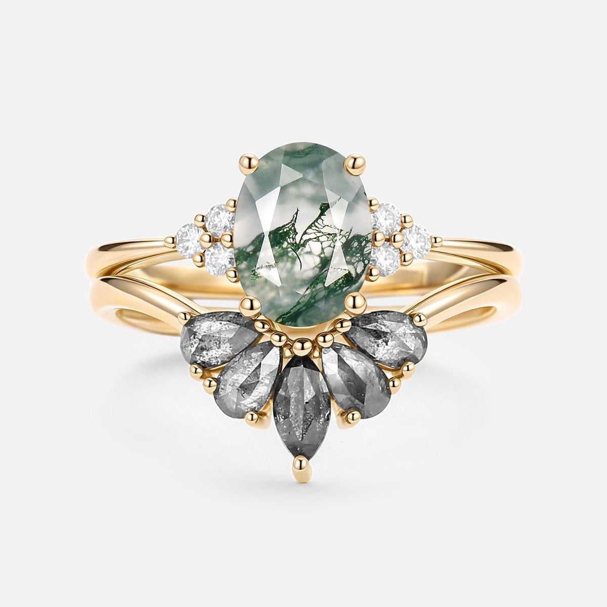 Thalia’s Harmony | Oval Cut Moss Agate & Salt and Pepper Diamond Bridal Set 2pcs