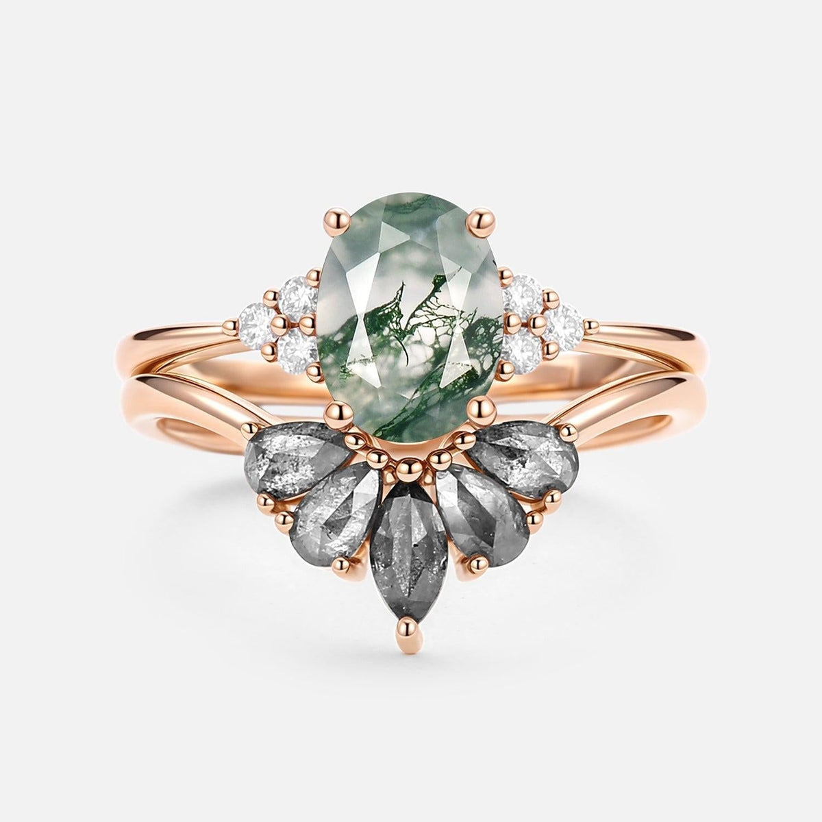 Thalia’s Harmony | Oval Cut Moss Agate & Salt and Pepper Diamond Bridal Set 2pcs