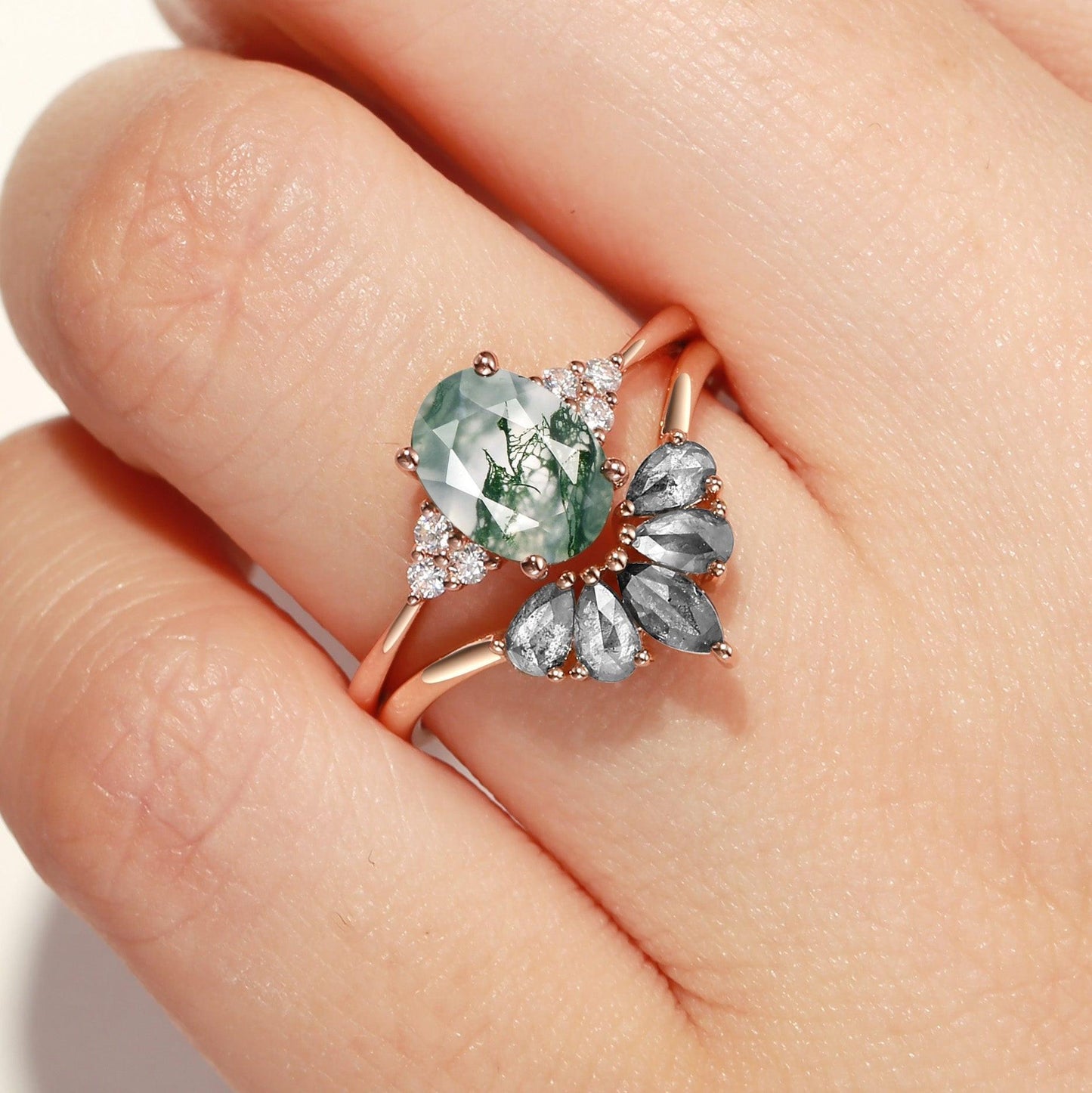 Thalia’s Harmony | Oval Cut Moss Agate & Salt and Pepper Diamond Bridal Set 2pcs