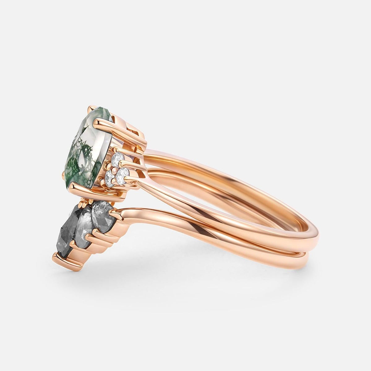 Thalia’s Harmony | Oval Cut Moss Agate & Salt and Pepper Diamond Bridal Set 2pcs