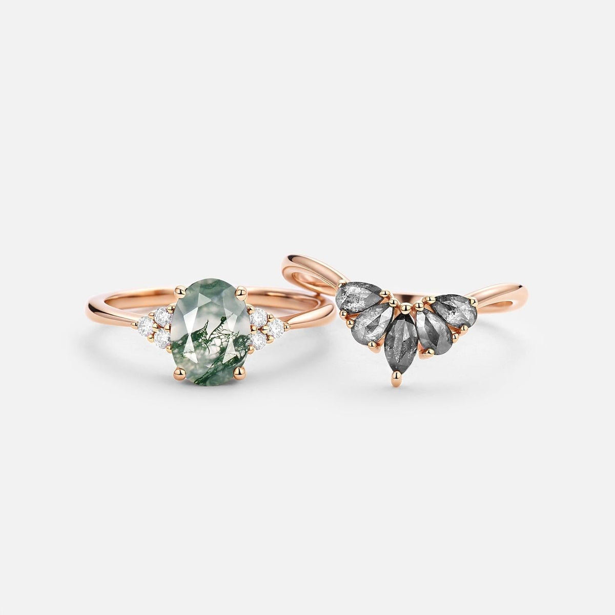 Thalia’s Harmony | Oval Cut Moss Agate & Salt and Pepper Diamond Bridal Set 2pcs