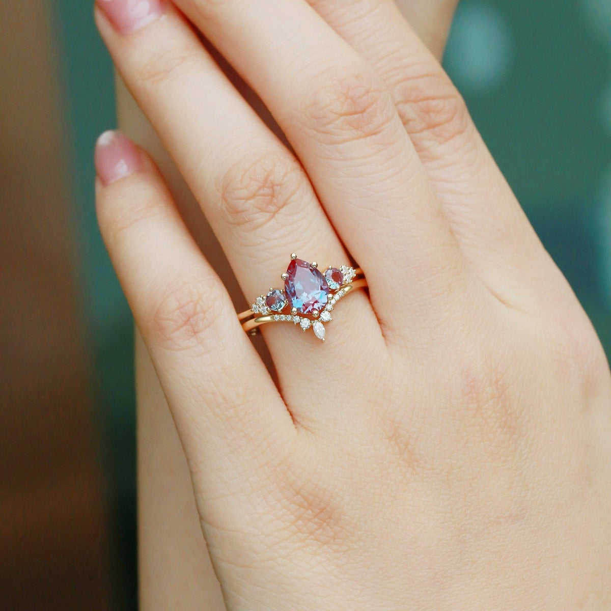 Sylvie’s Frond | Pear Alexandrite Cluster Bridal Set 2pcs