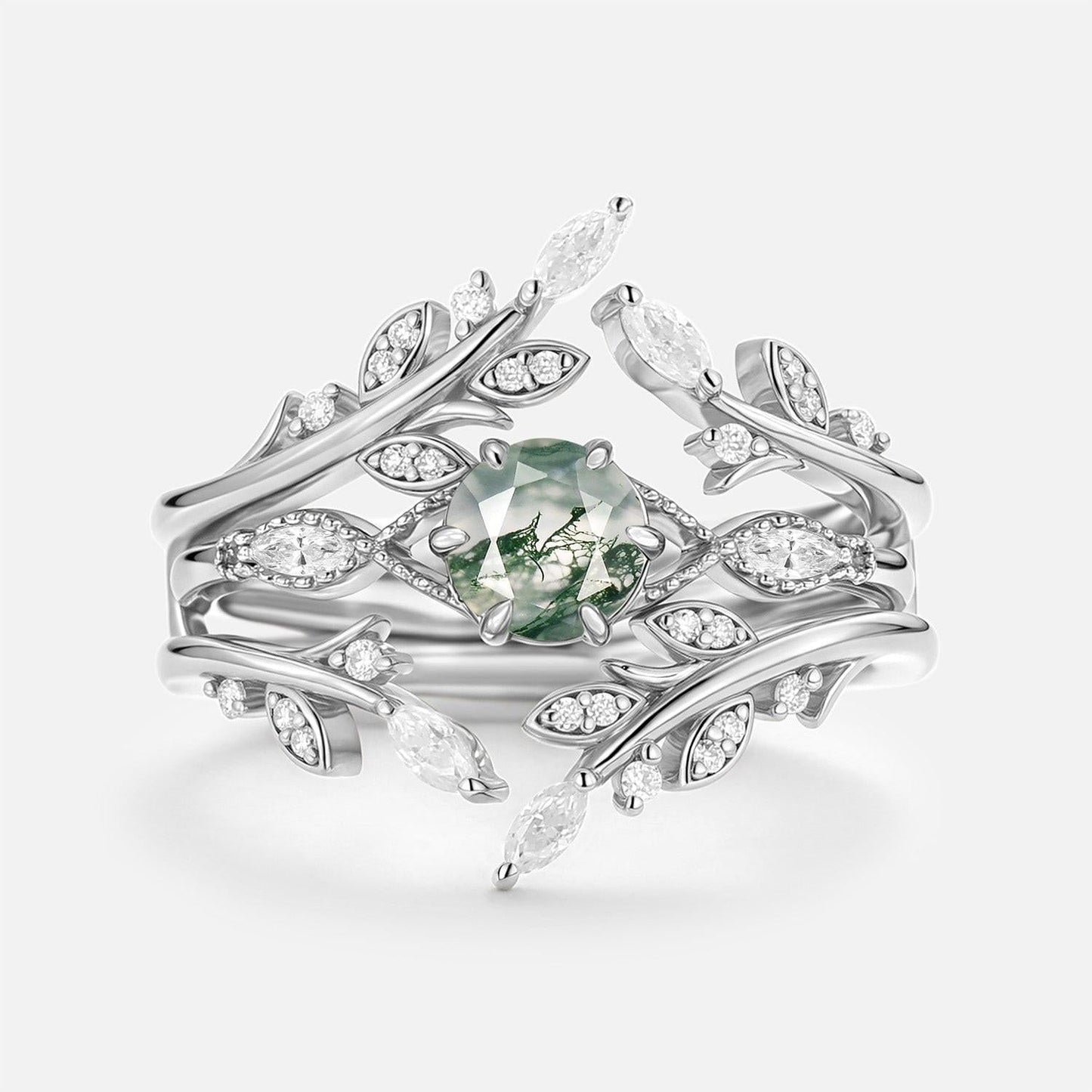 Zinnia’s Thicket | Round Cut Moss Agate Leafy Cage Bridal Set 2pcs