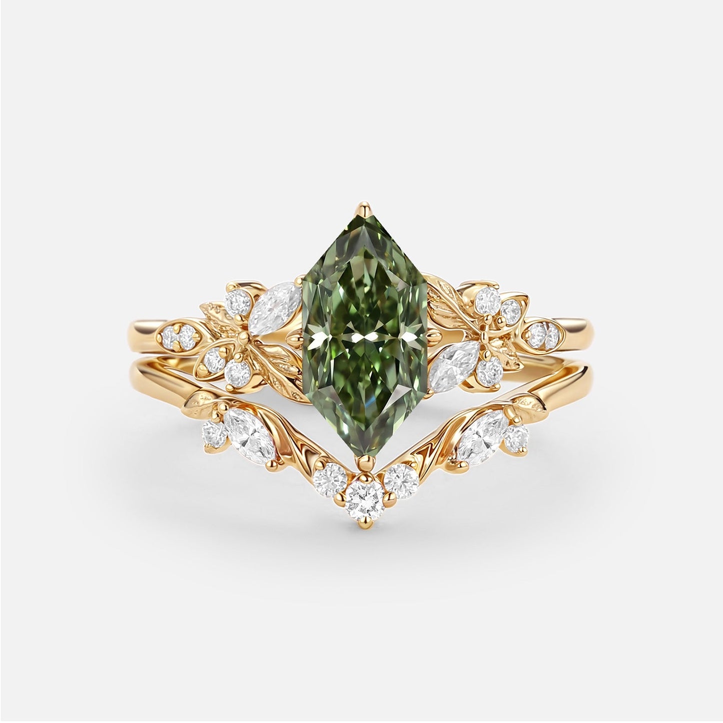 Dutch Marquise Cut Lab Green Diamond Leafy Engagement Ring Set - Peony
