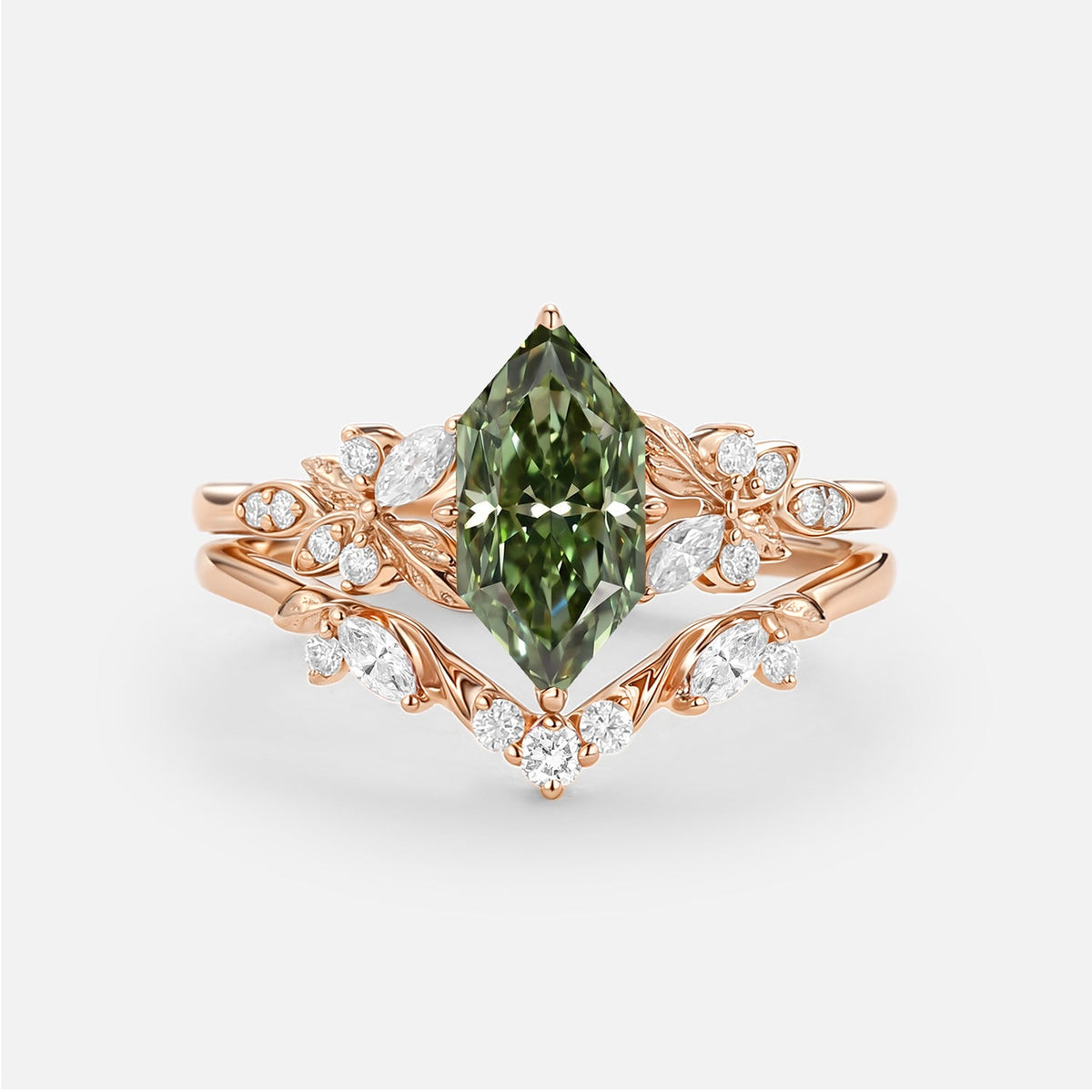 Dutch Marquise Cut Lab Green Diamond Leafy Engagement Ring Set - Peony