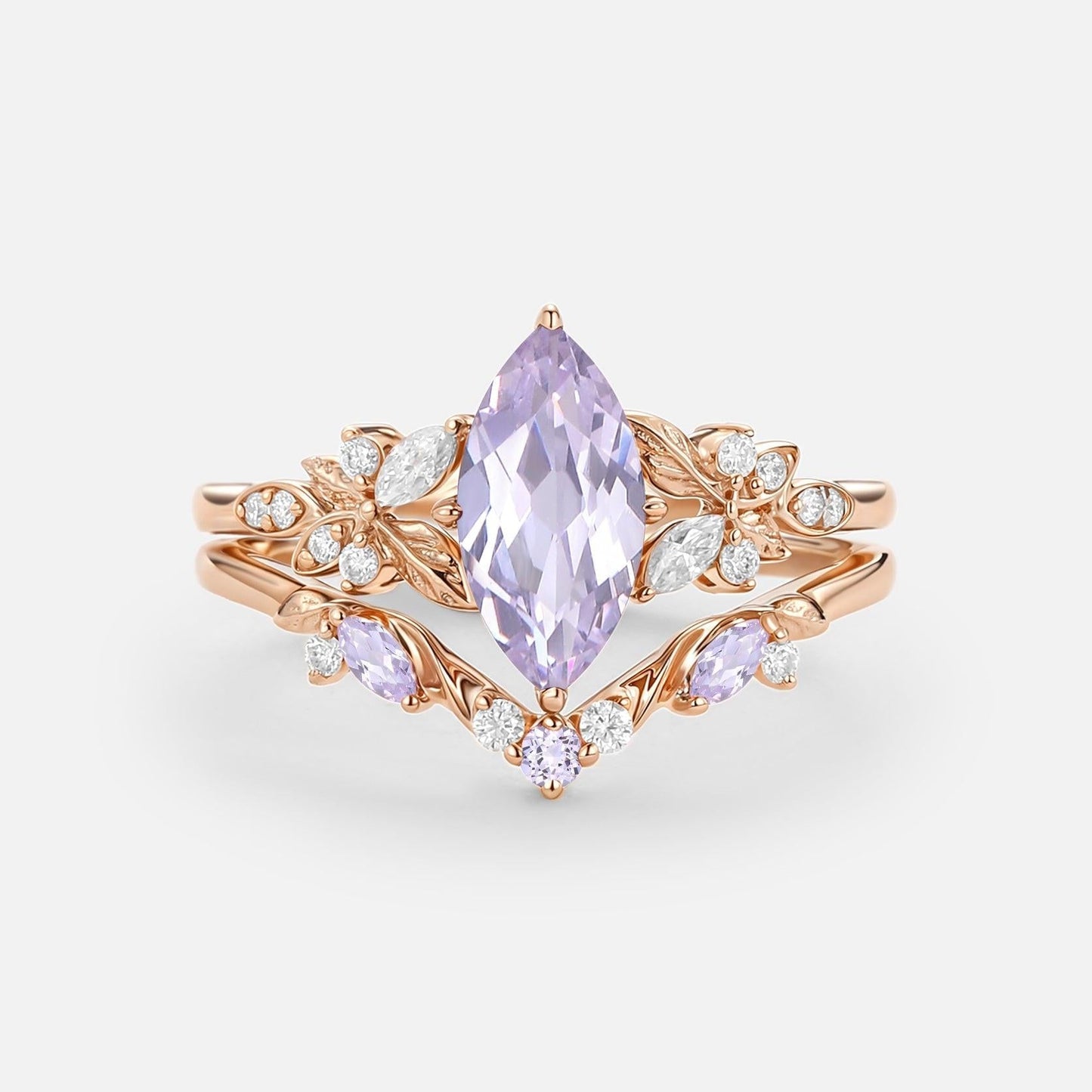Peony's Bloom | Marquise Pink Sapphire Bridal Set 2pcs