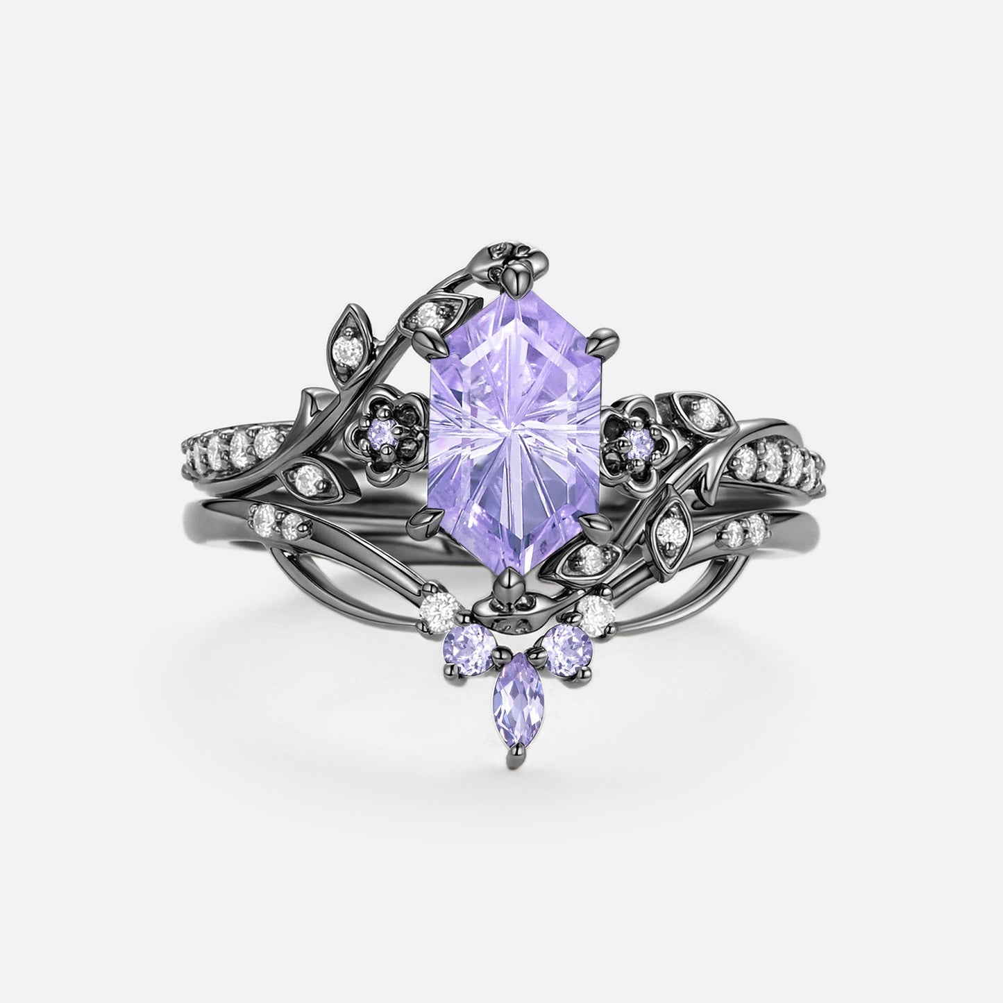 Firework Cut Lab Lavender Sapphire Hexagon Engagement Ring Set - Zane